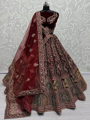 Astonishing Maroon Velvet Bridal Lehenga Choli With Double Dupatta - Ethnic Plus In