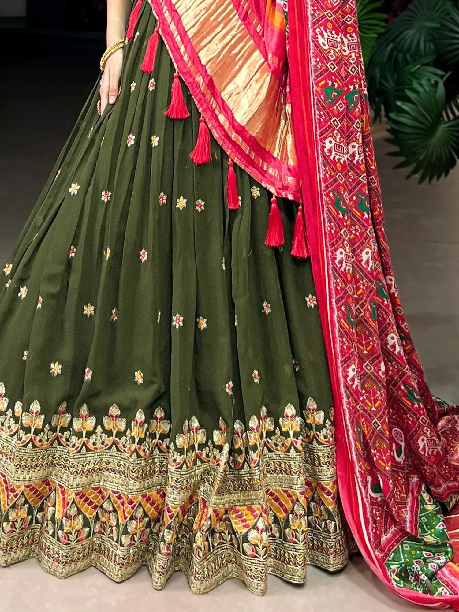 Olive green lehenga with floral embroidery and red dupatta, Indian ethnic wear
