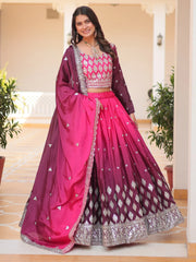 Astonishing Pink Embroidered Chinon Wedding Wear Lehenga Choli - Ethnic Plus In