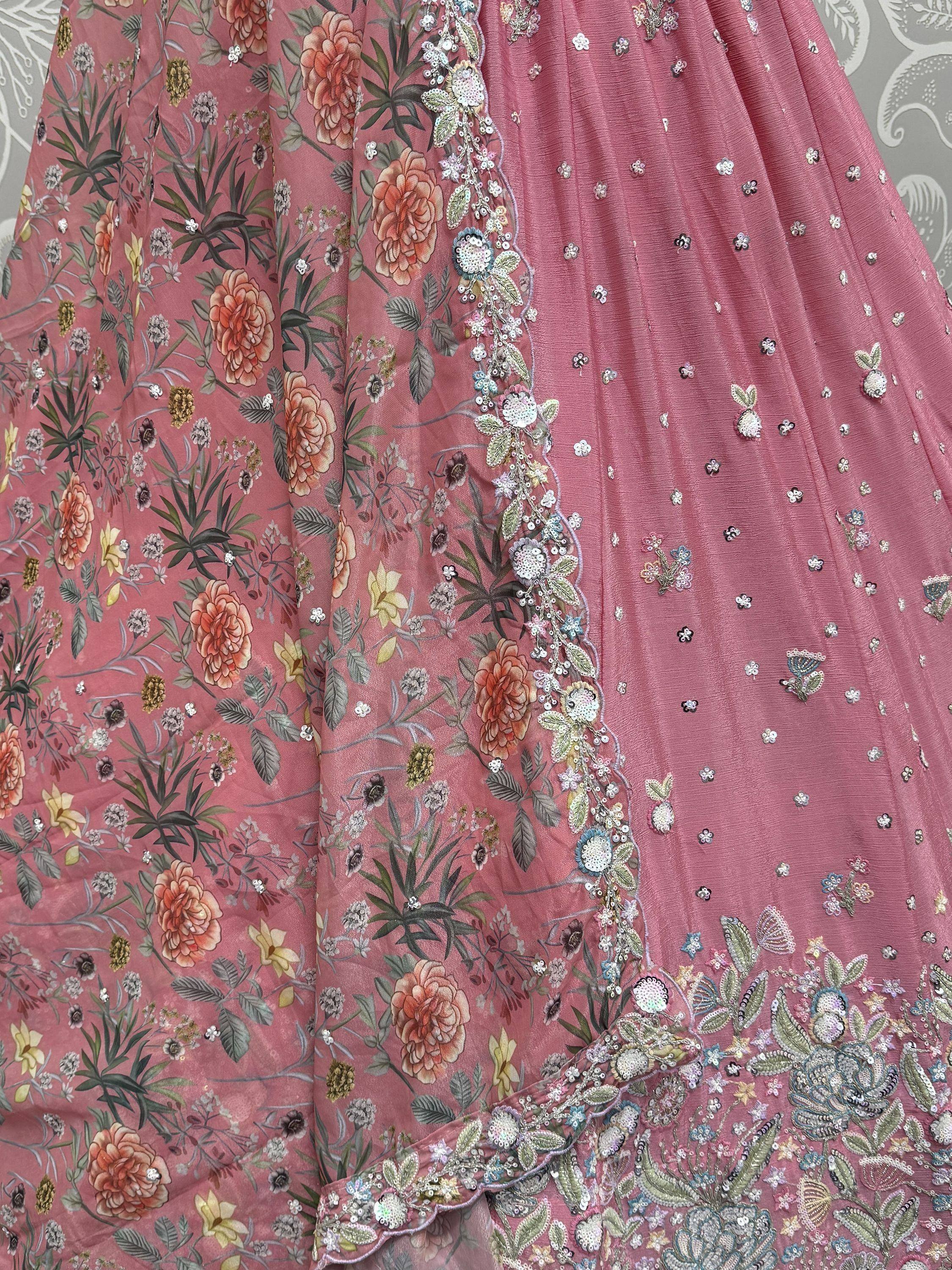 Pink floral printed lehenga with intricate embroidery and sequin detailing for ethnic wear