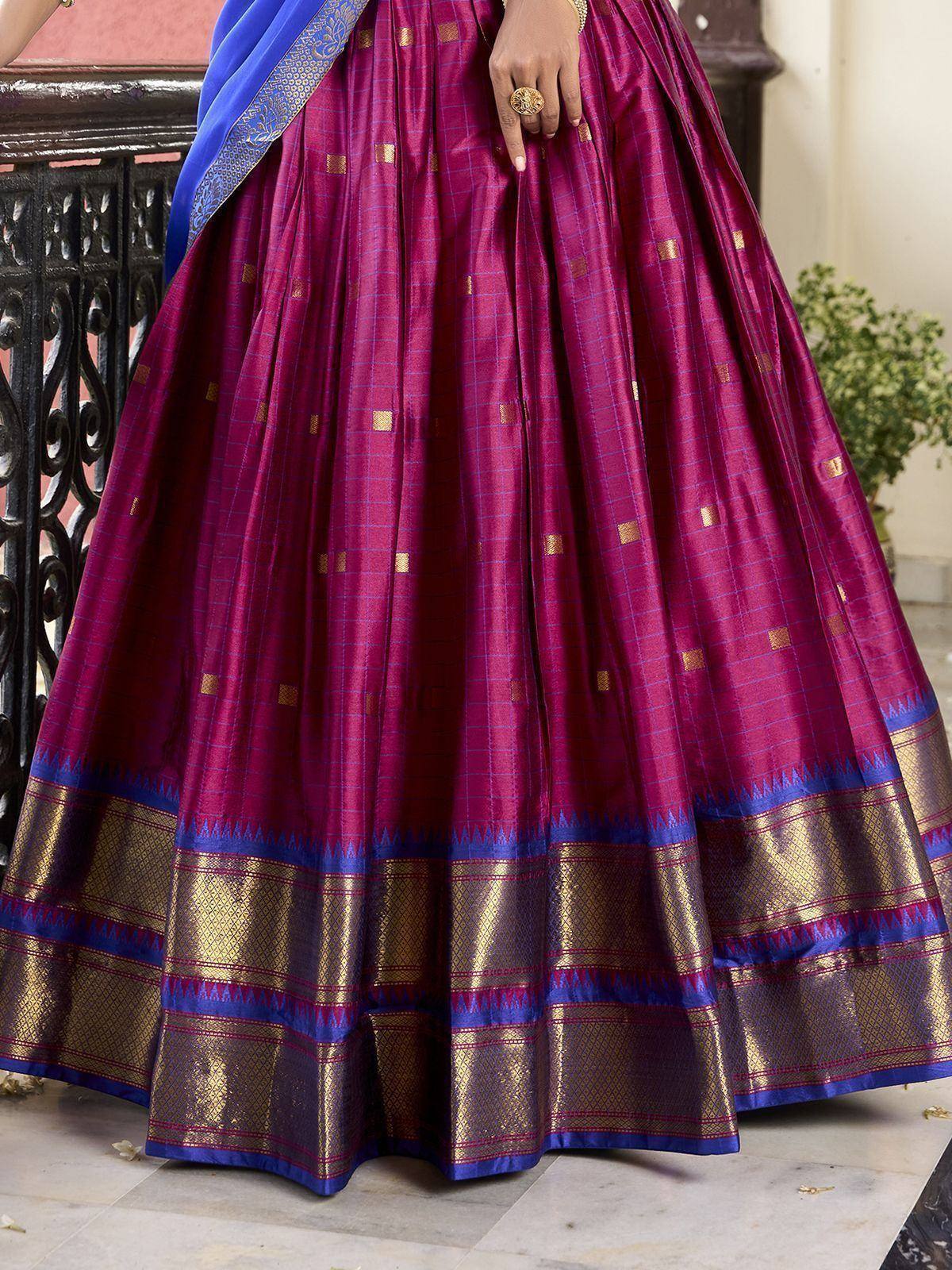 Purple silk lehenga with gold checks and blue border, ethnic Indian wear