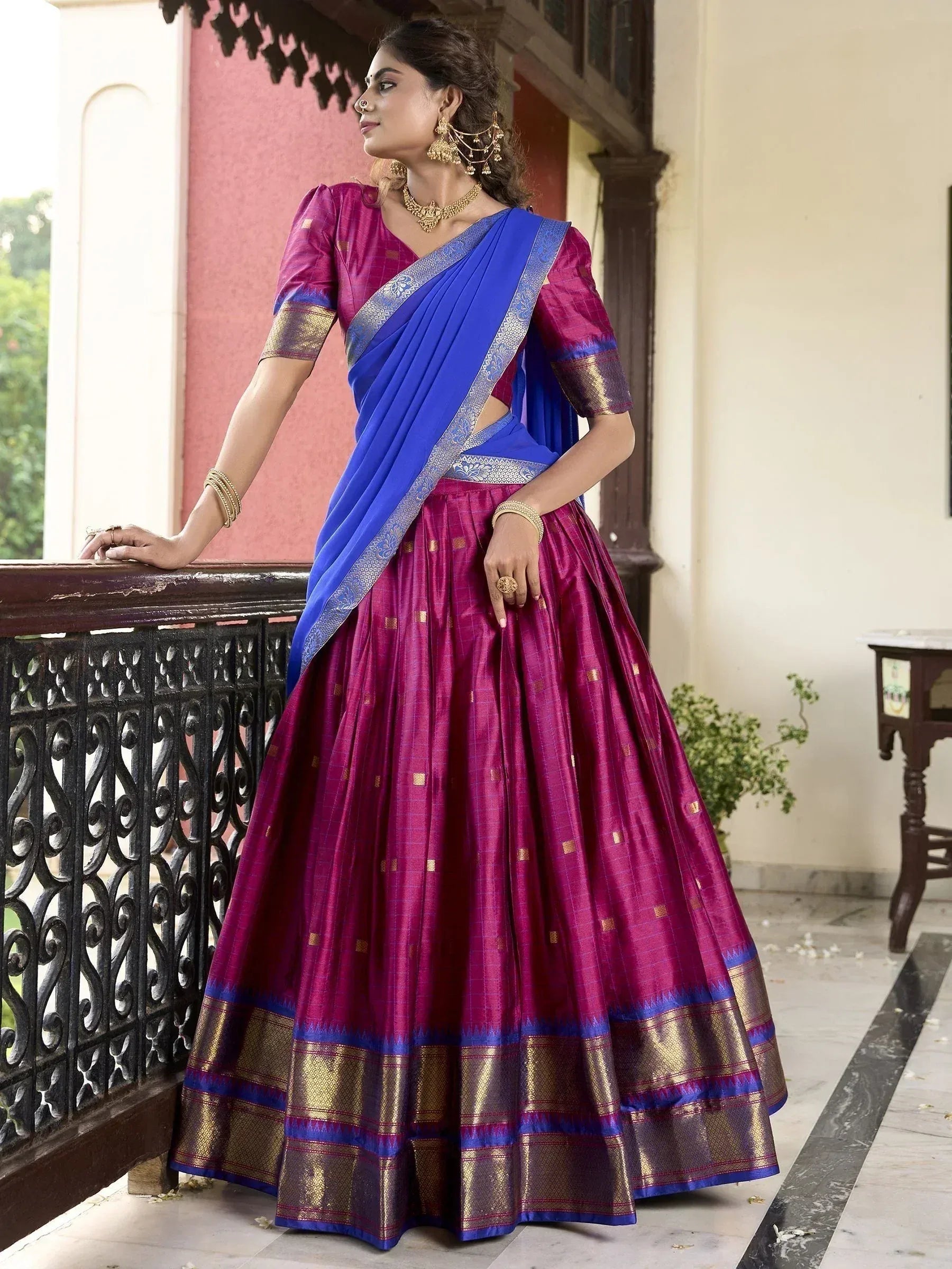 Purple and blue designer lehenga choli with gold embroidery, perfect for Indian ethnic wear occasions