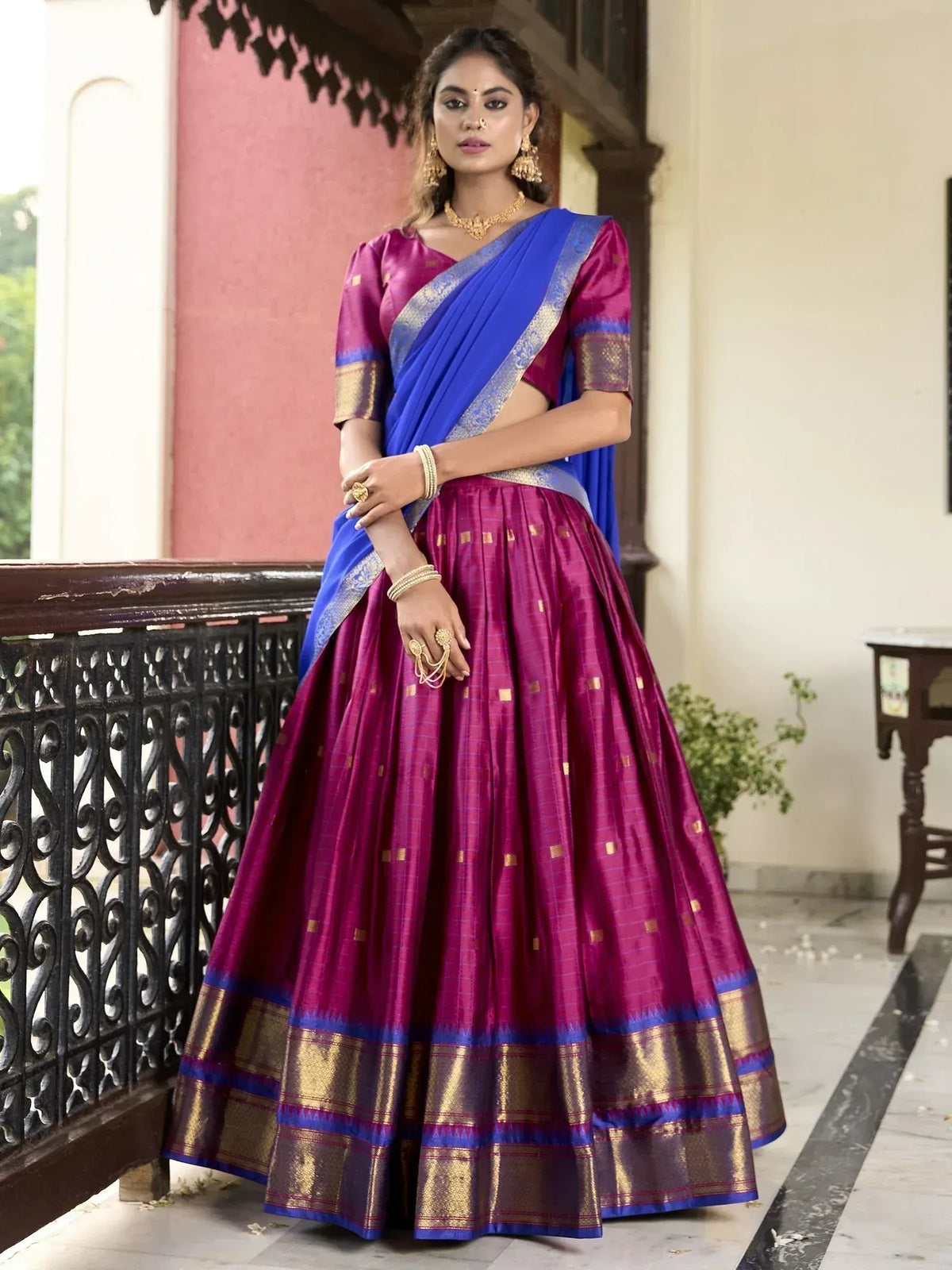 Purple and blue designer lehenga choli with gold embroidery, perfect for Indian ethnic wear occasions