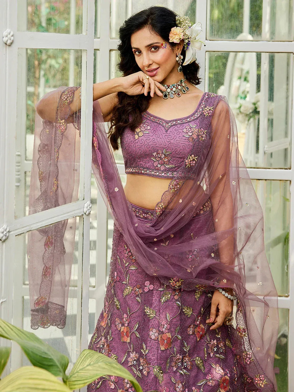 Purple floral embroidered lehenga choli with sheer dupatta, perfect for Indian ethnic occasions
