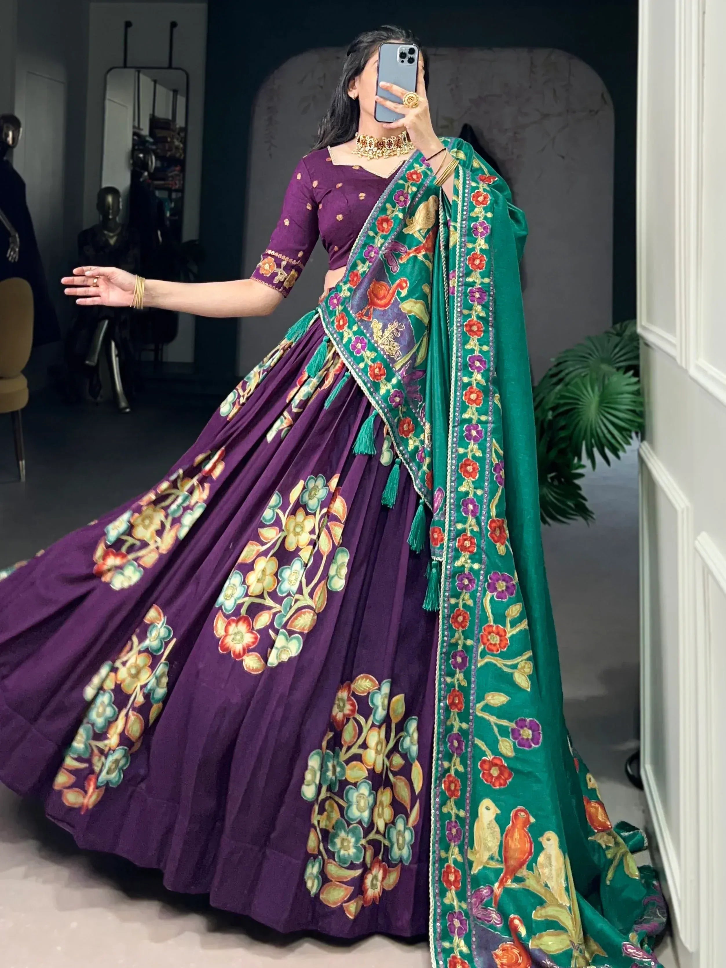 Purple floral lehenga choli with green embroidered dupatta, Indian ethnic wear