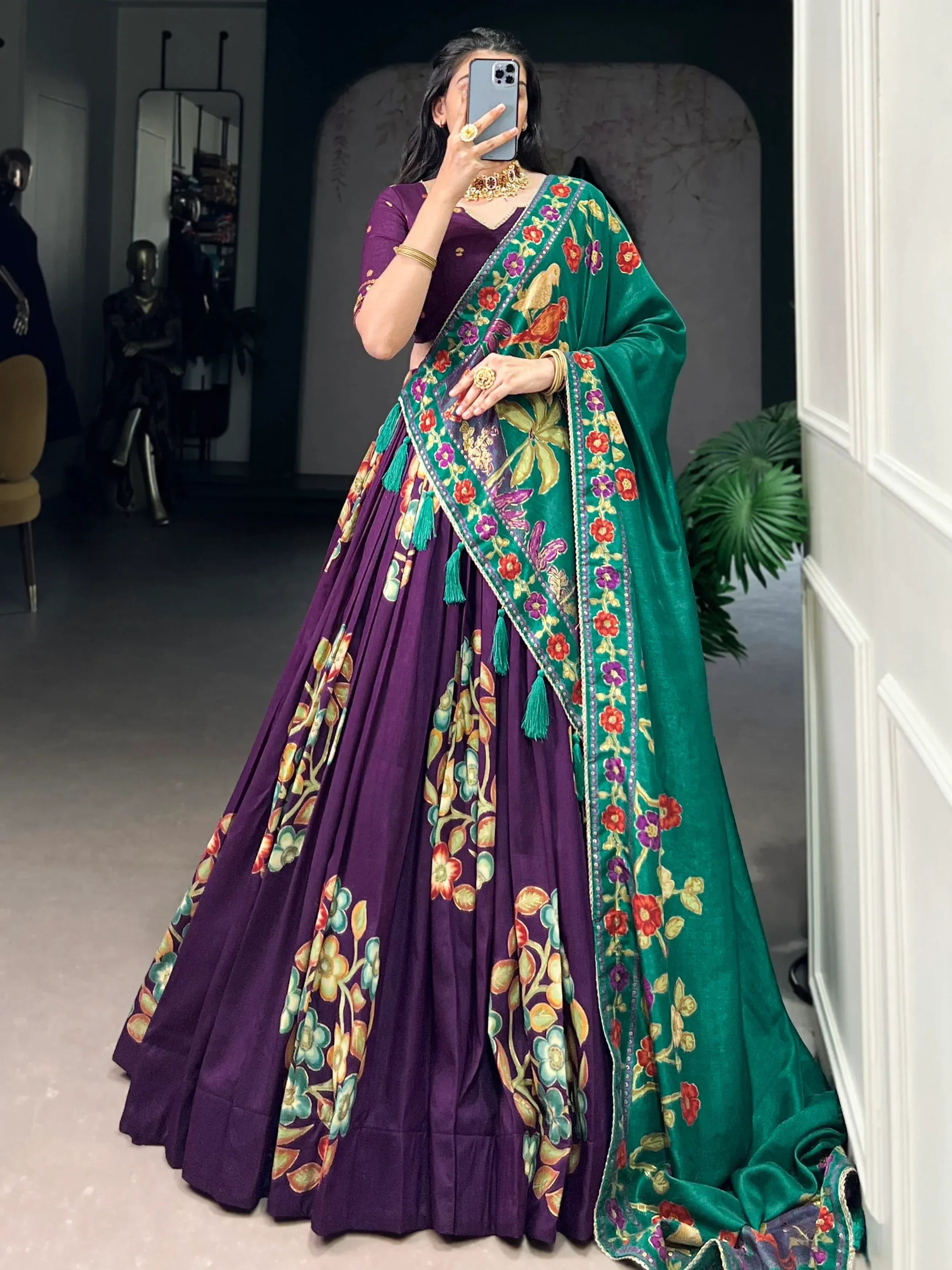 Purple floral lehenga choli with green embroidered dupatta, Indian ethnic wear