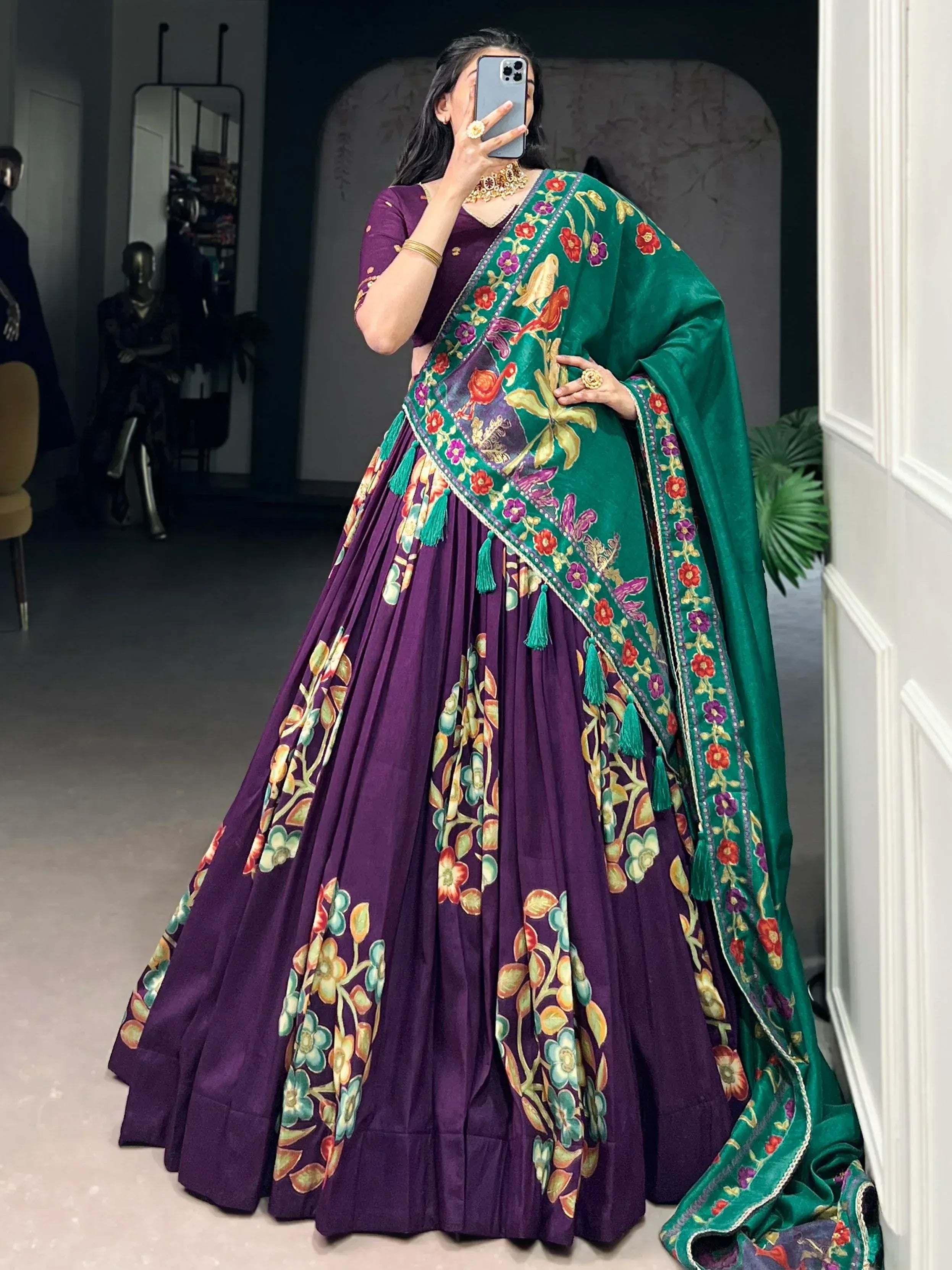 Purple floral lehenga choli with green embroidered dupatta, Indian ethnic wear