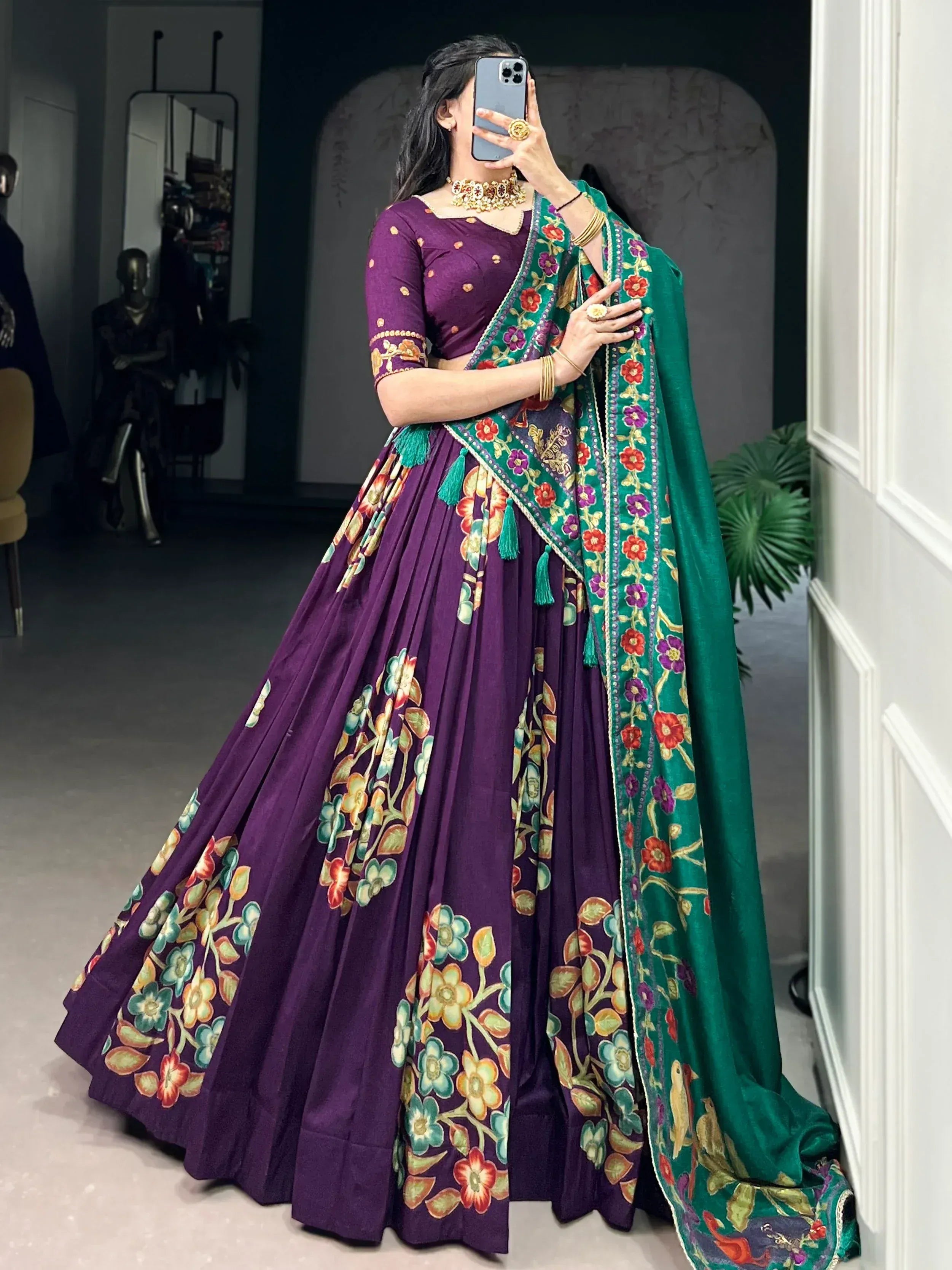 Purple floral lehenga choli with green embroidered dupatta, Indian ethnic wear for women