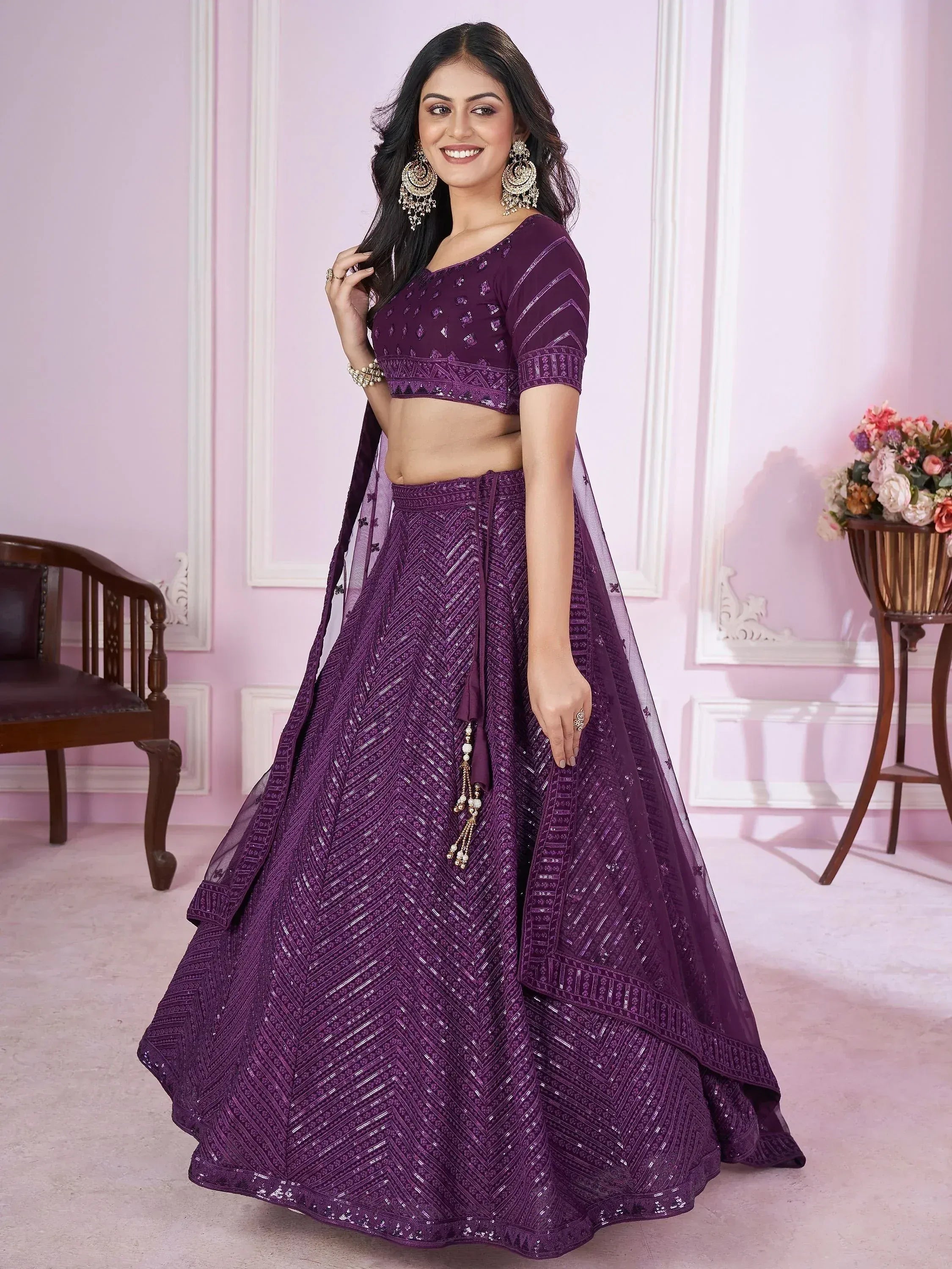 Purple designer lehenga choli with sequin work, perfect for Indian ethnic wear and festive occasions.