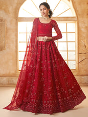 Astonishing Red Embroidered Net Bridesmaid Lehenga Choli - Ethnic Plus In