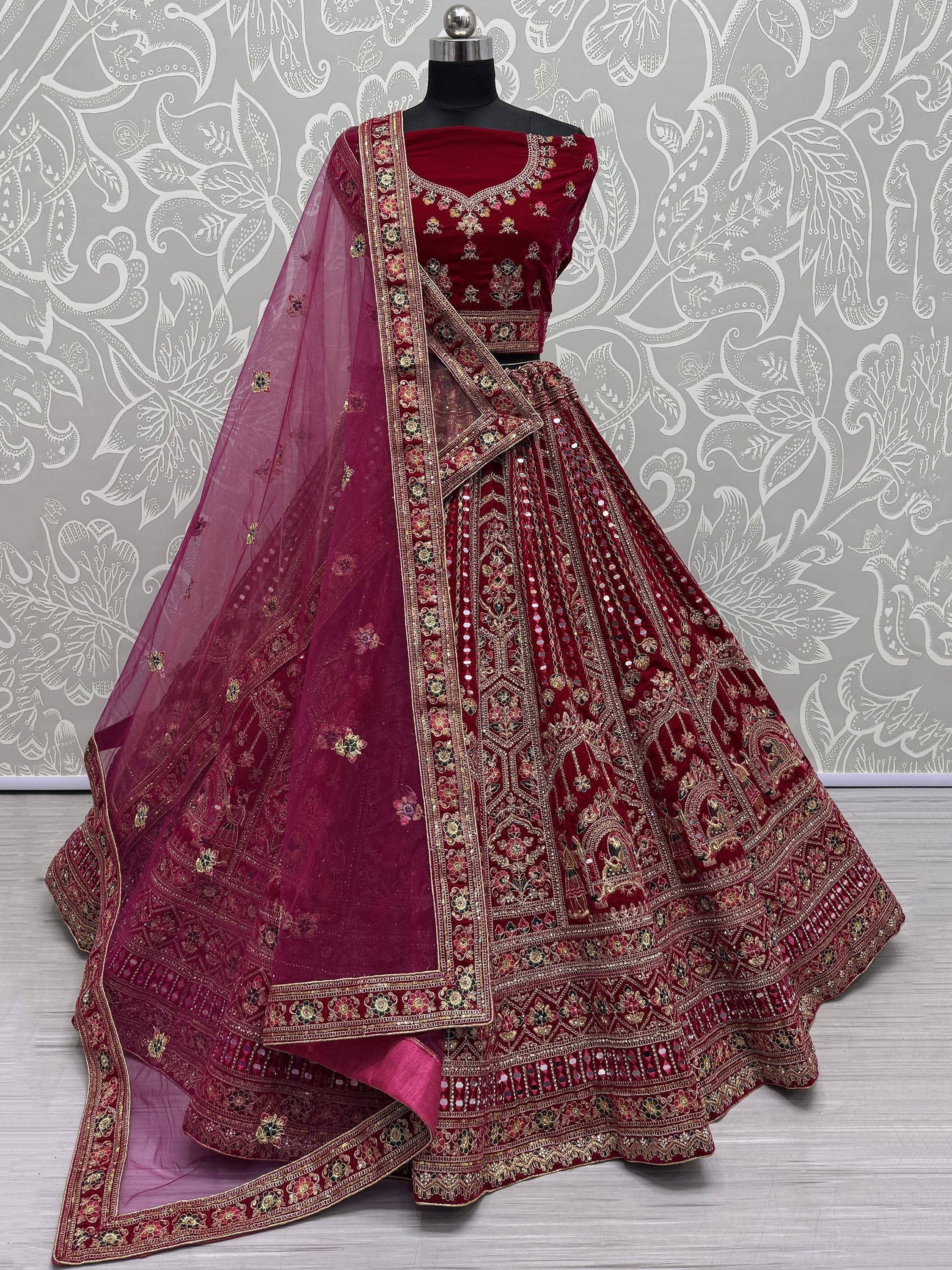 Maroon designer lehenga choli with heavy embroidery and net dupatta, Indian ethnic wear