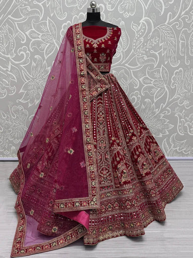 Astonishing Red Velvet Bridal Lehenga Choli With Double Dupatta - Ethnic Plus In