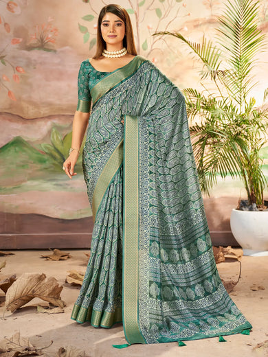 Astonishing Green Printed Dola Silk Event Wear Saree With Blouse