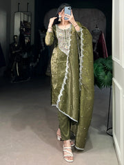Astonishing Olive Green Thread Embroidered Mehendi Wear Pant Suit
