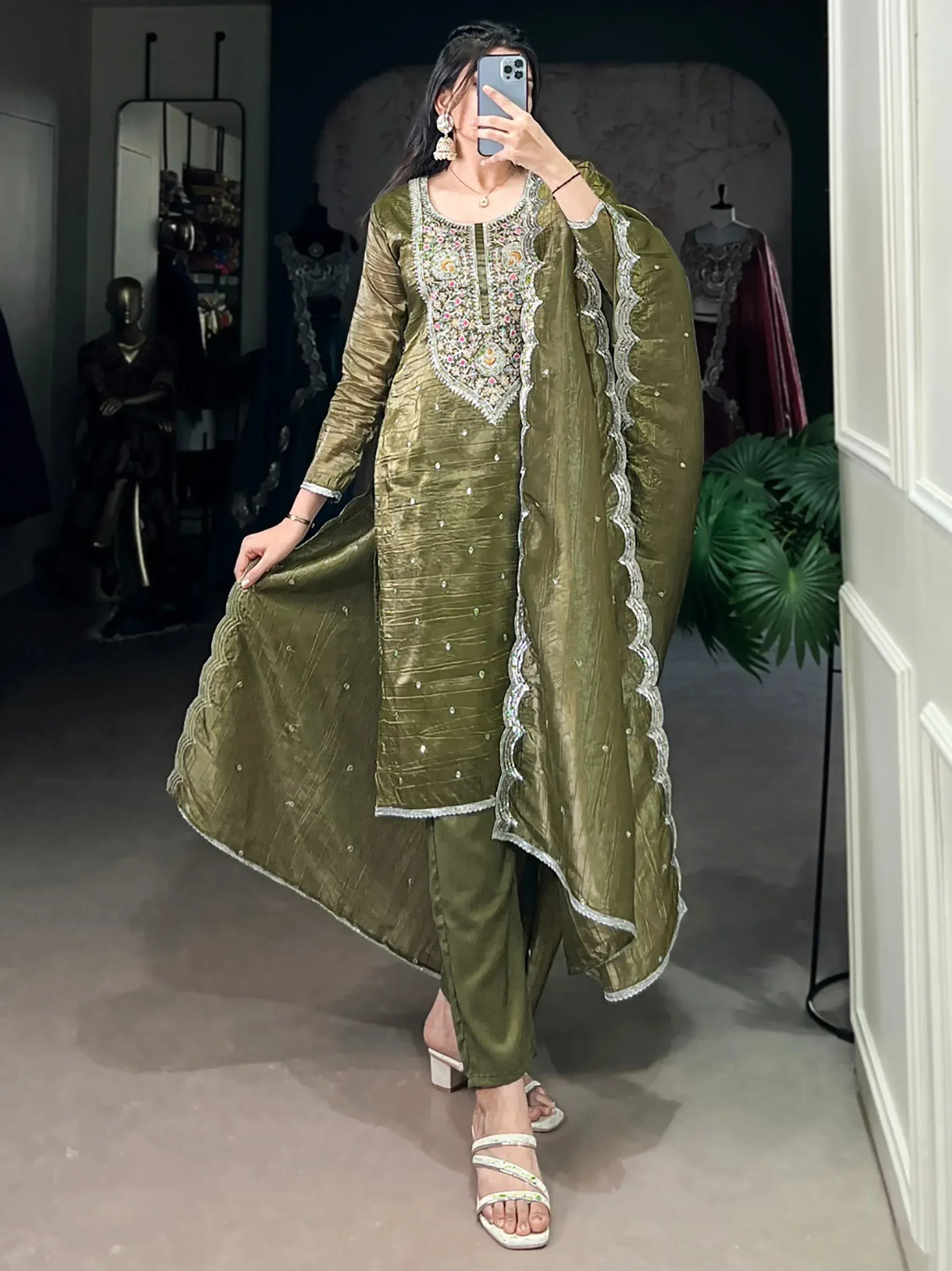Olive green embroidered salwar kameez with dupatta, Indian ethnic wear for women