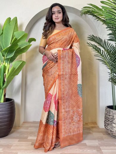 Astonishing Orange Bandhani Printed Silk Saree With Weaving Blouse