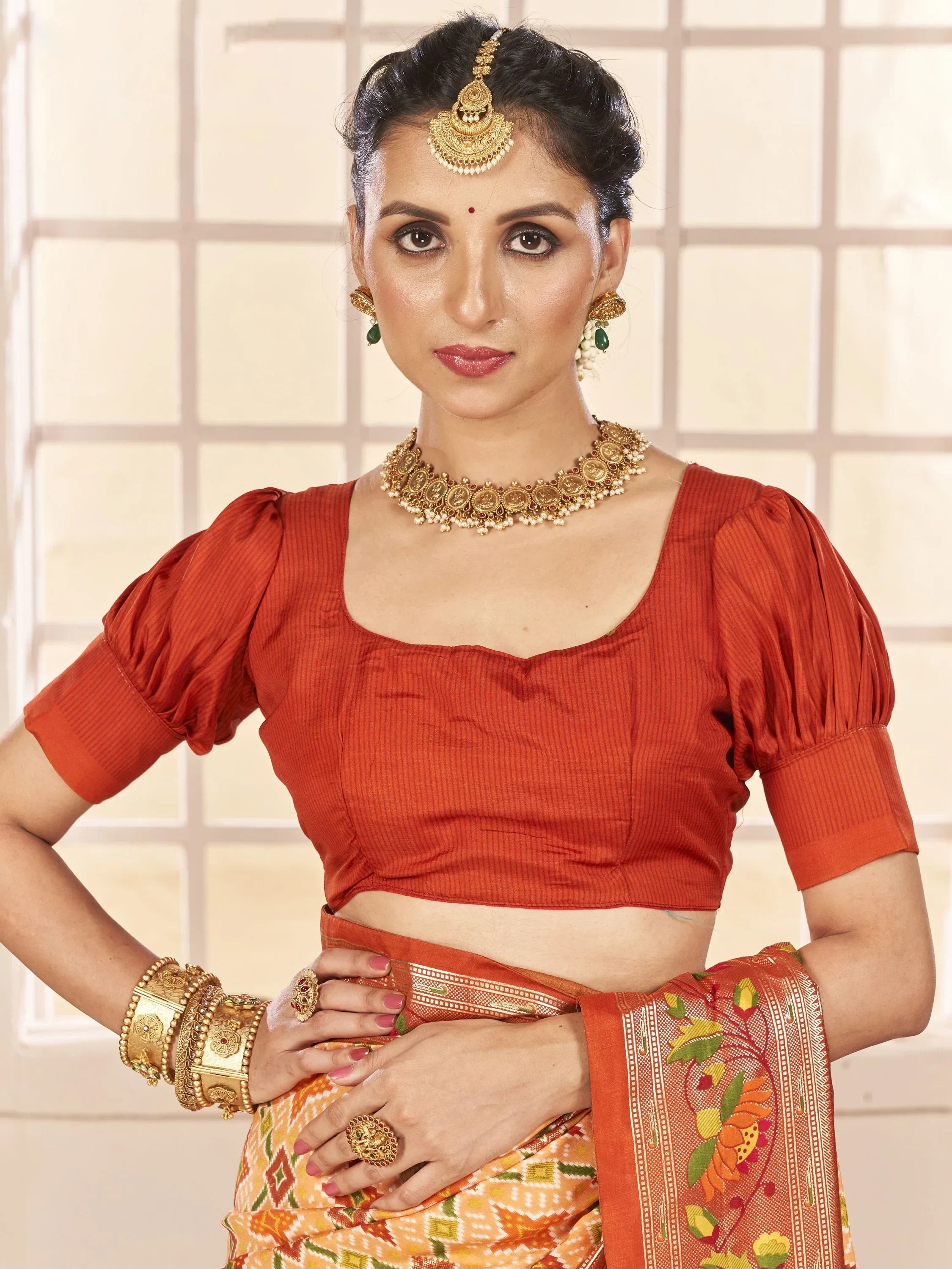 Astonishing Orange Ikkat Printed Cotton Office Wear Saree With Blouse