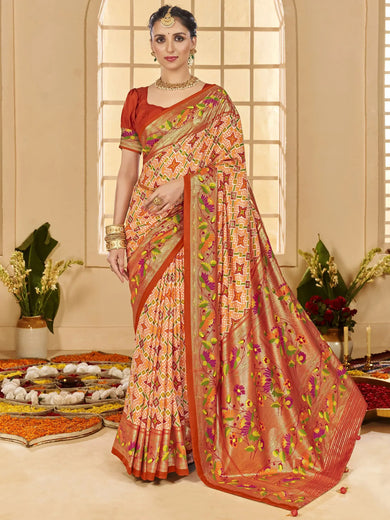 Astonishing Orange Ikkat Printed Cotton Office Wear Saree With Blouse