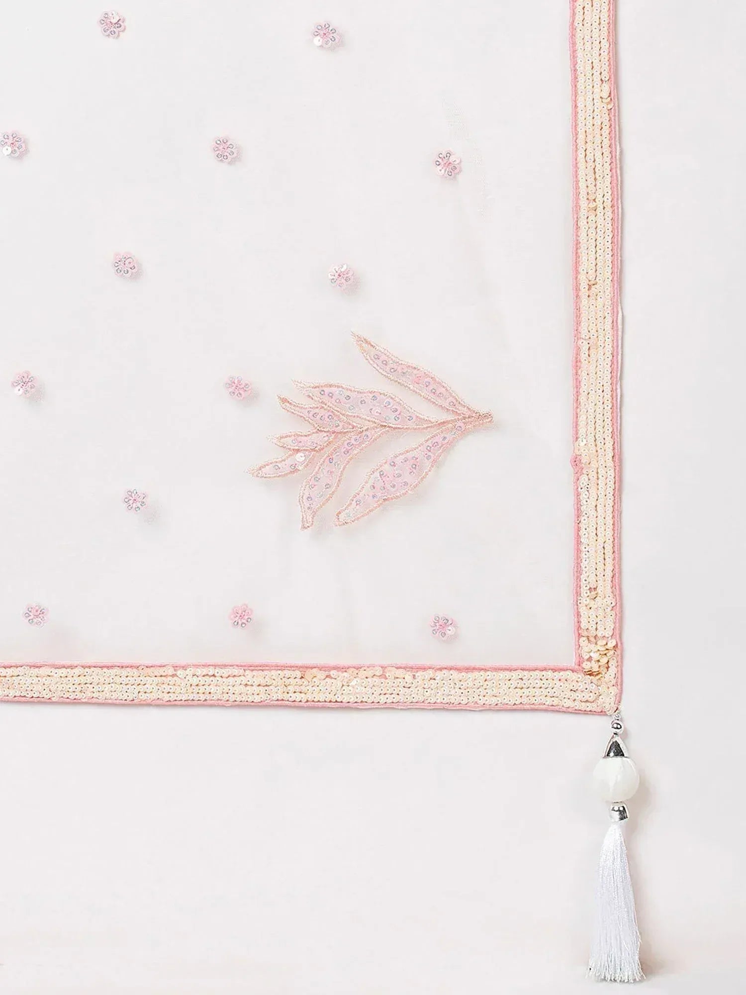 Pink sequin embroidered dupatta with floral motifs and tassel border for ethnic wear
