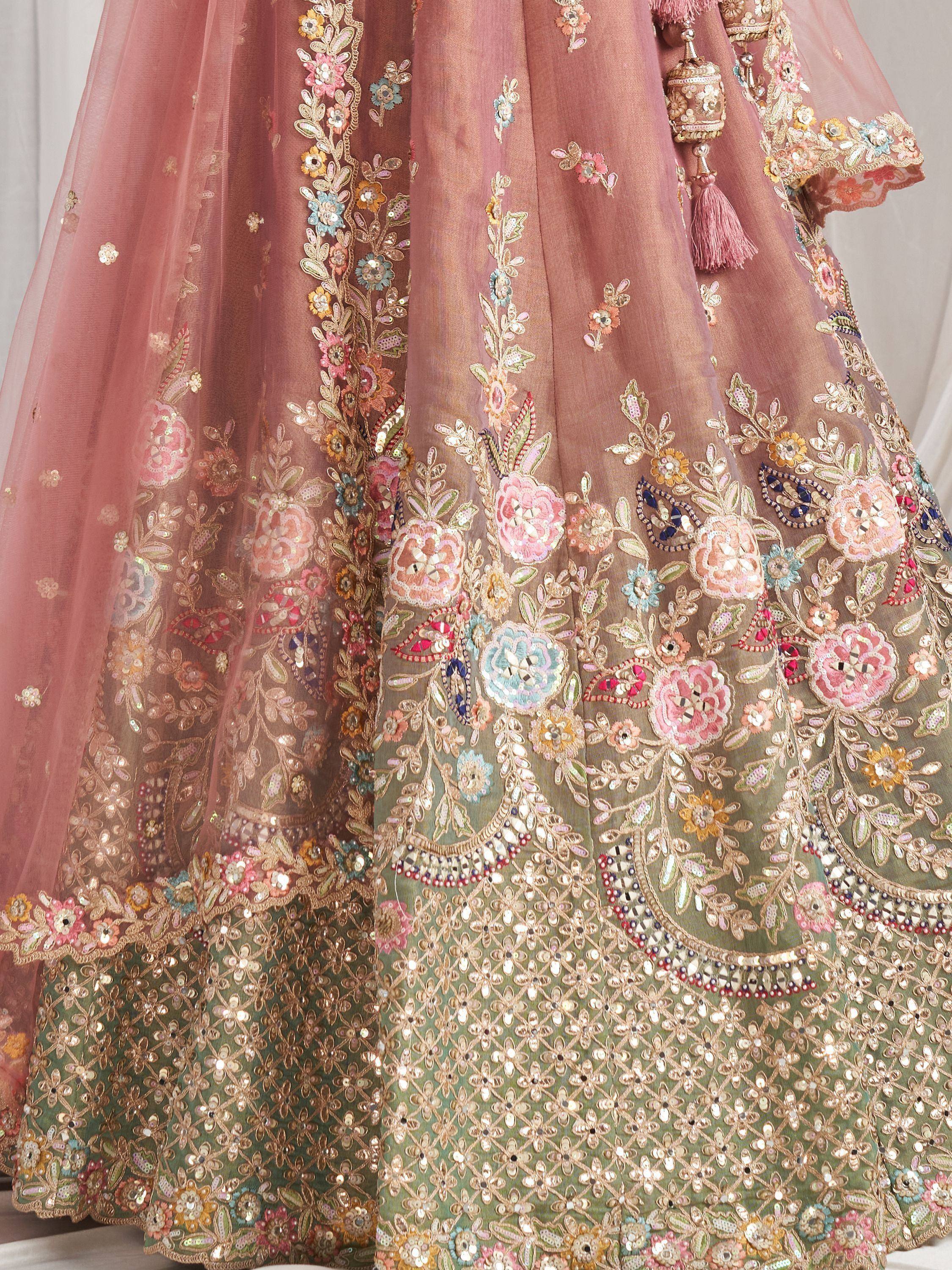 Pink and green designer lehenga with floral embroidery and sequin work for Indian ethnic wear