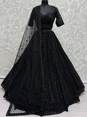 Attractive Black Embroidered Net Monochrome Lehenga With Blouse - Ethnic Plus In