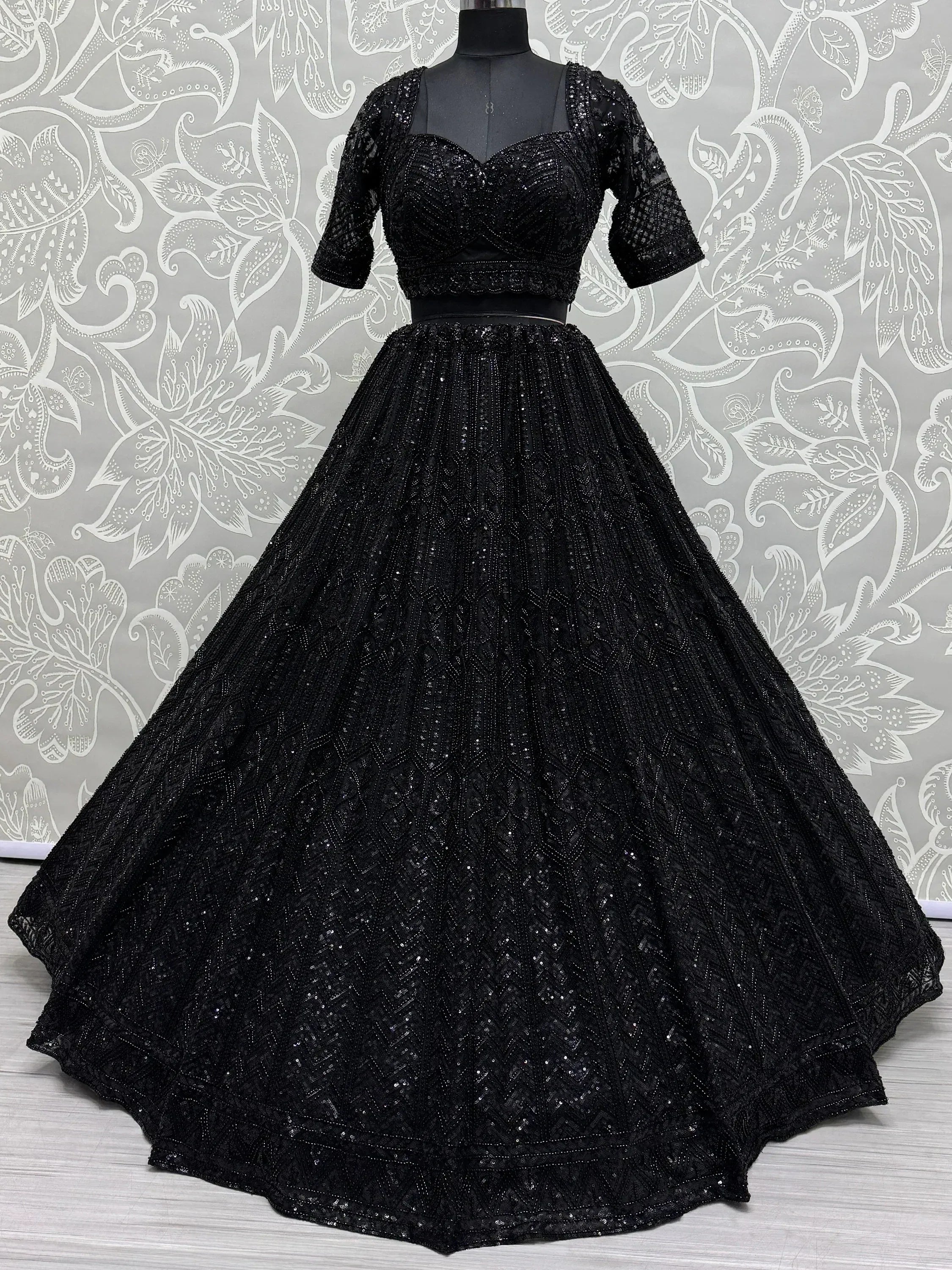 Black sequined lehenga choli with sheer sleeves, ethnic Indian party wear outfit