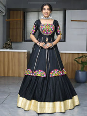 Attractive Black Mirror Work Cotton Navratri Lehenga With Long Top - Ethnic Plus In