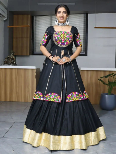 Attractive Black Mirror Work Cotton Navratri Lehenga With Long Top - Ethnic Plus In