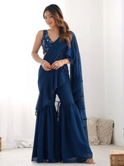 Attractive Blue Georgette Sequins Ready To Wear Sharara Saree - Ethnic Plus In