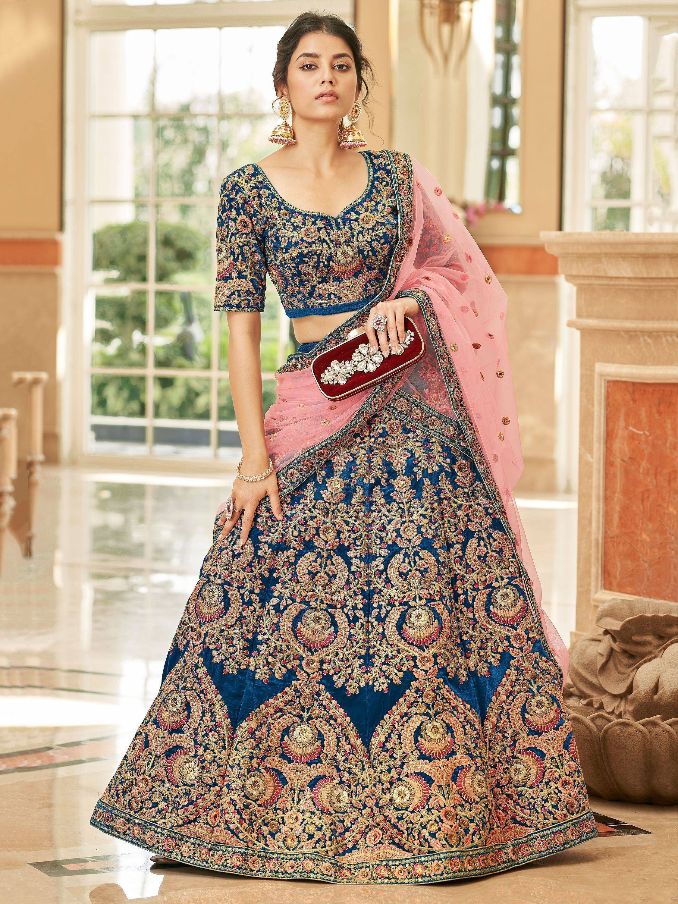 Blue embroidered lehenga choli with pink dupatta, Indian ethnic wear for weddings and parties