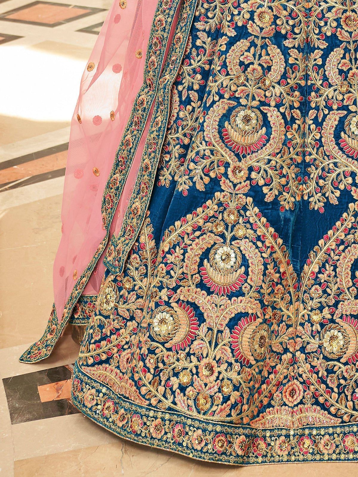 Blue velvet lehenga with gold floral embroidery and pink dupatta, Indian ethnic wear