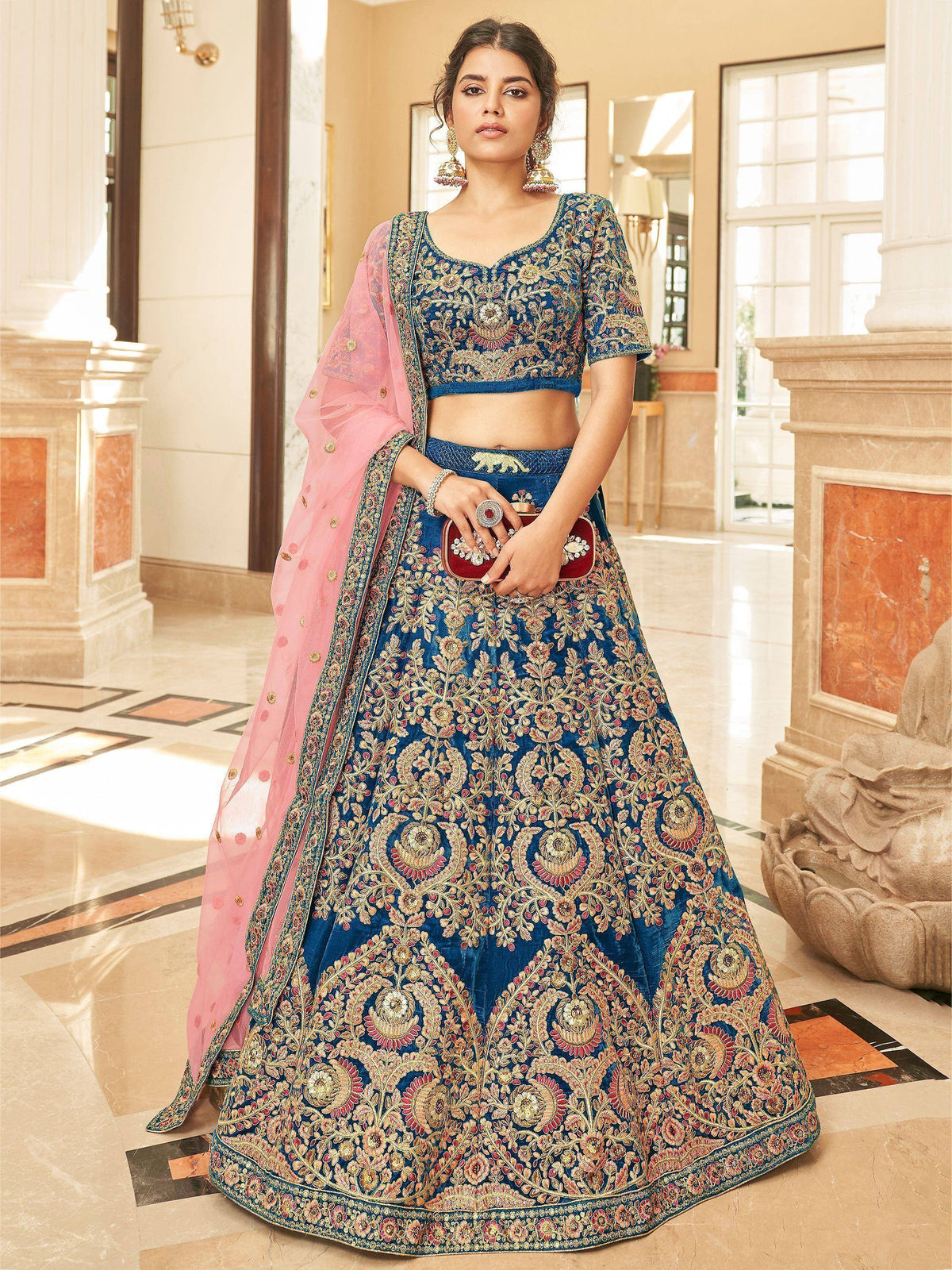 Blue embroidered lehenga choli with pink dupatta, Indian ethnic wear for weddings and parties