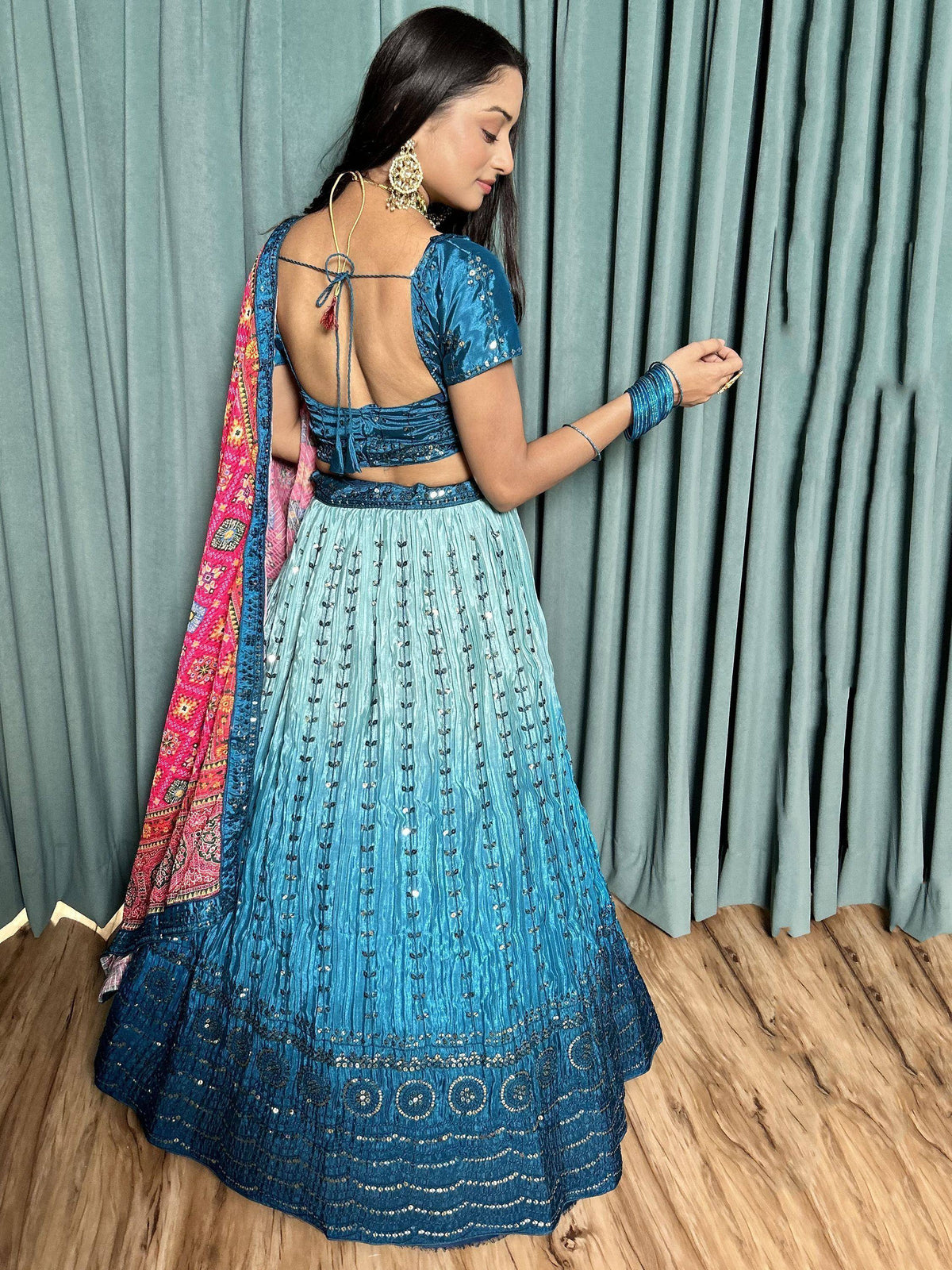 Blue ombre lehenga choli with mirror work, back tie blouse, and pink dupatta for Indian ethnic wear