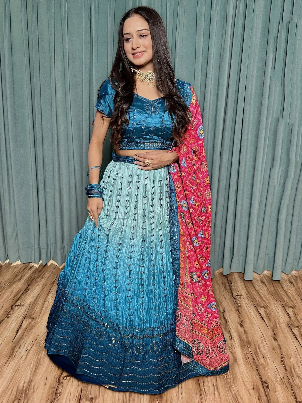 Blue ombre lehenga choli with floral dupatta, ethnic Indian wear for women