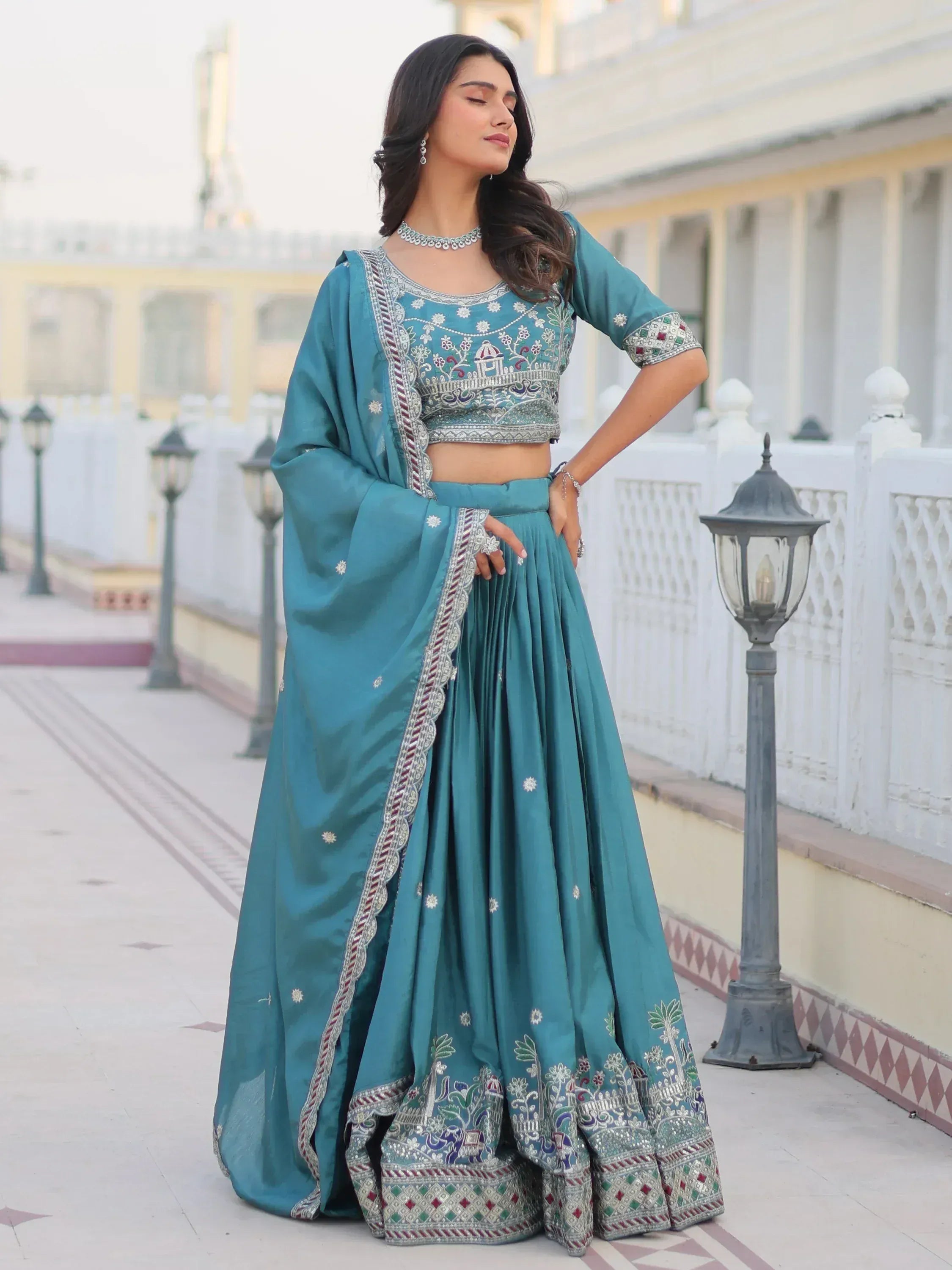 Teal embroidered lehenga choli with dupatta, Indian ethnic wear for weddings and parties