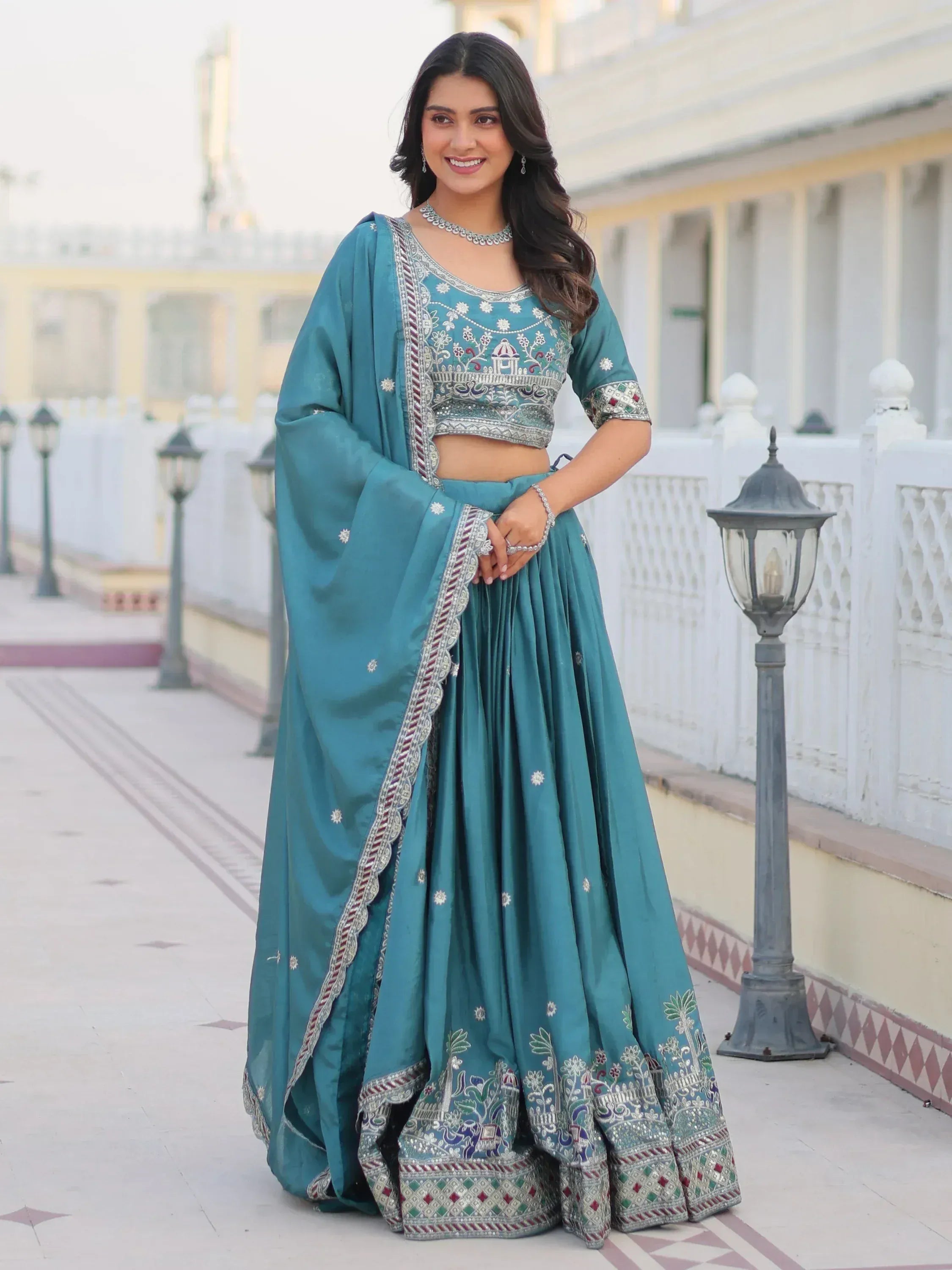 Teal embroidered lehenga choli with dupatta, Indian ethnic wear for weddings and festivals