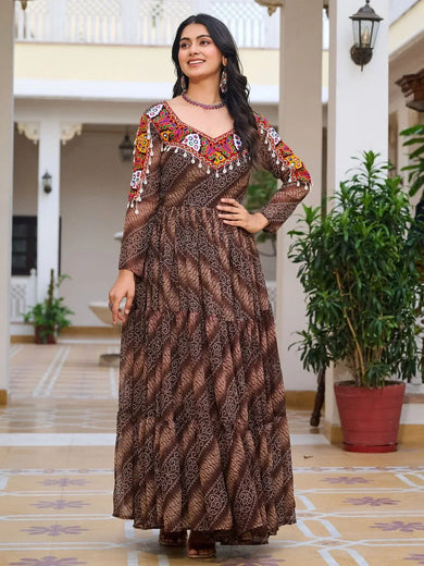Attractive Brown Georgette Mirror Work Traditional Gown - Ethnic Plus In