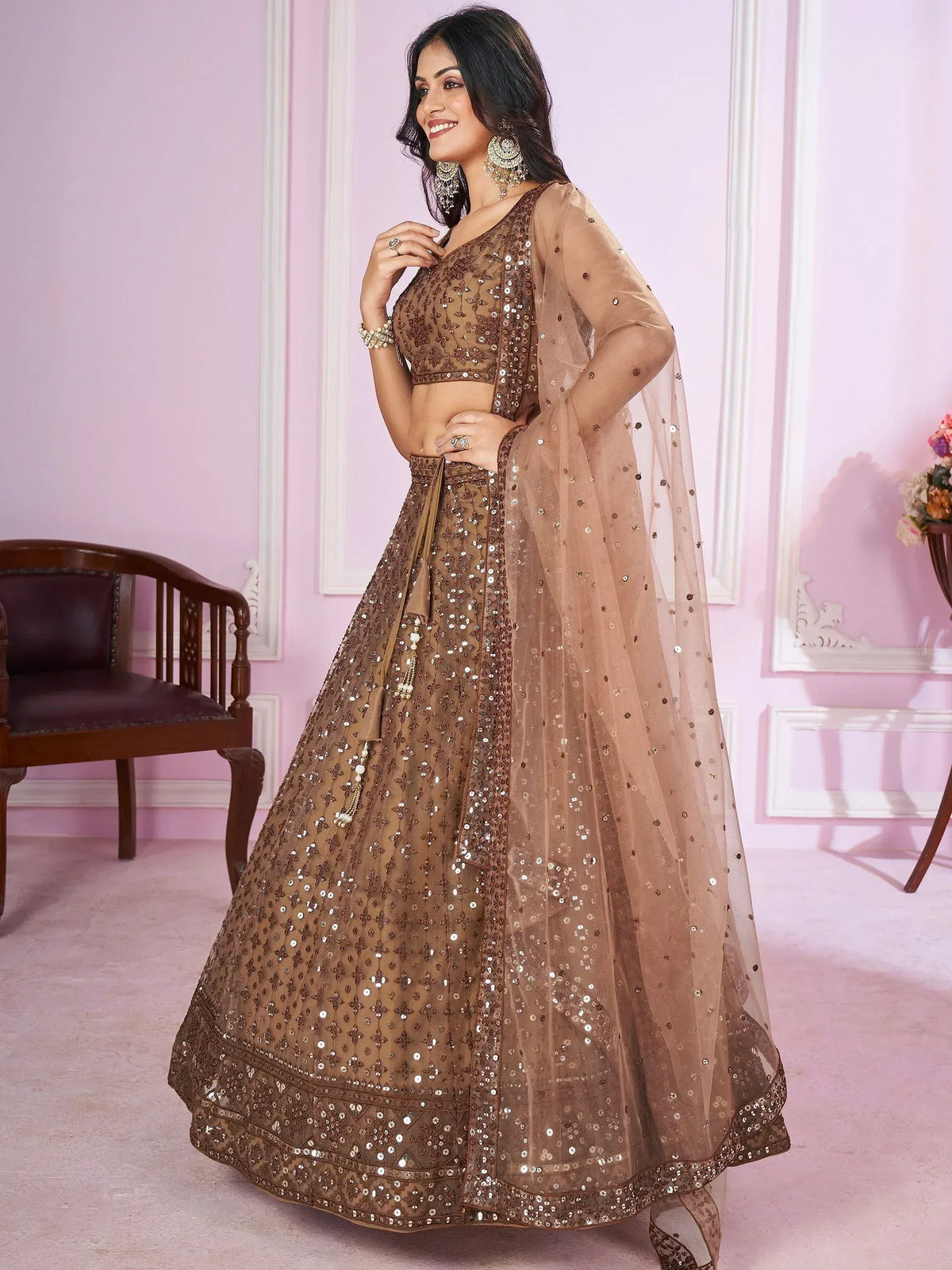 Elegant brown sequined lehenga choli with sheer dupatta for Indian ethnic wear