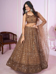Attractive Brown Sequins Soft Net Engagement Wear Lehenga Choli - Ethnic Plus In
