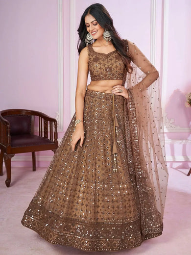 Attractive Brown Sequins Soft Net Engagement Wear Lehenga Choli - Ethnic Plus In