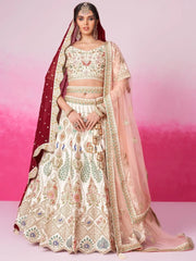 Attractive Cream Heavy Silk Bridal Lehenga Choli With Double Dupatta - Ethnic Plus In