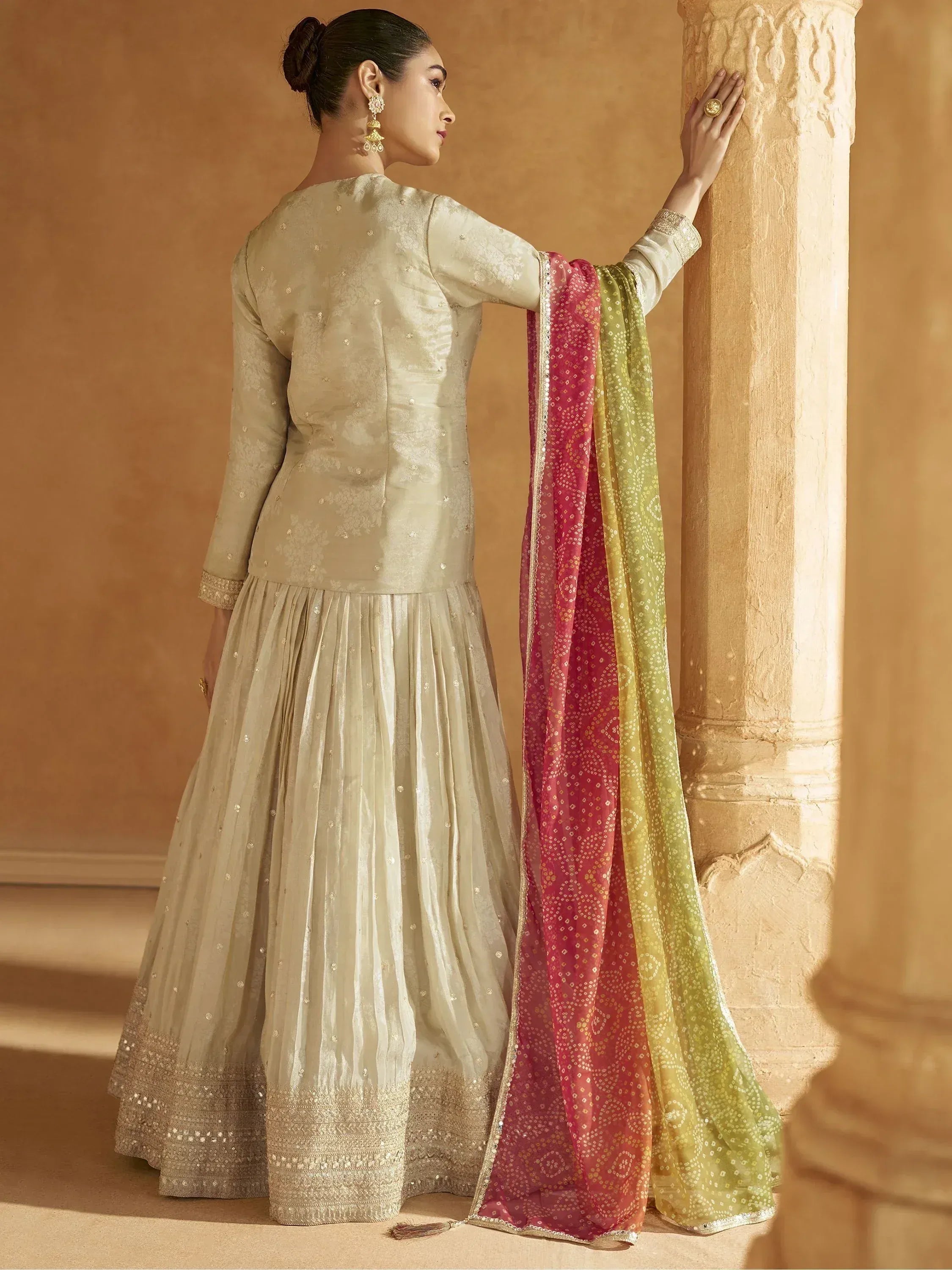 Elegant beige embroidered anarkali with pink and green dupatta, Indian ethnic wear for women