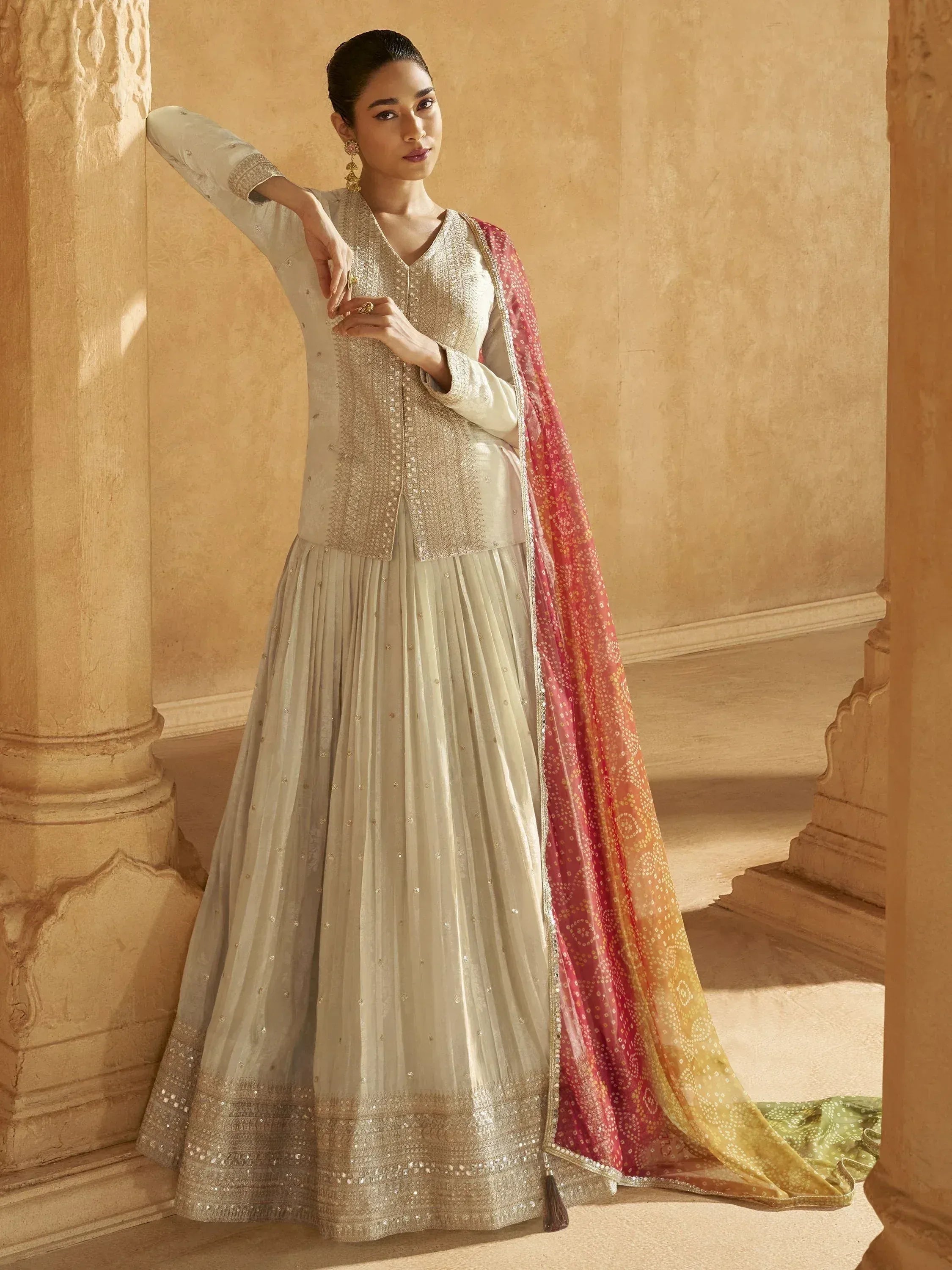 Elegant ivory embroidered anarkali with pink ombre dupatta, perfect for Indian ethnic occasions
