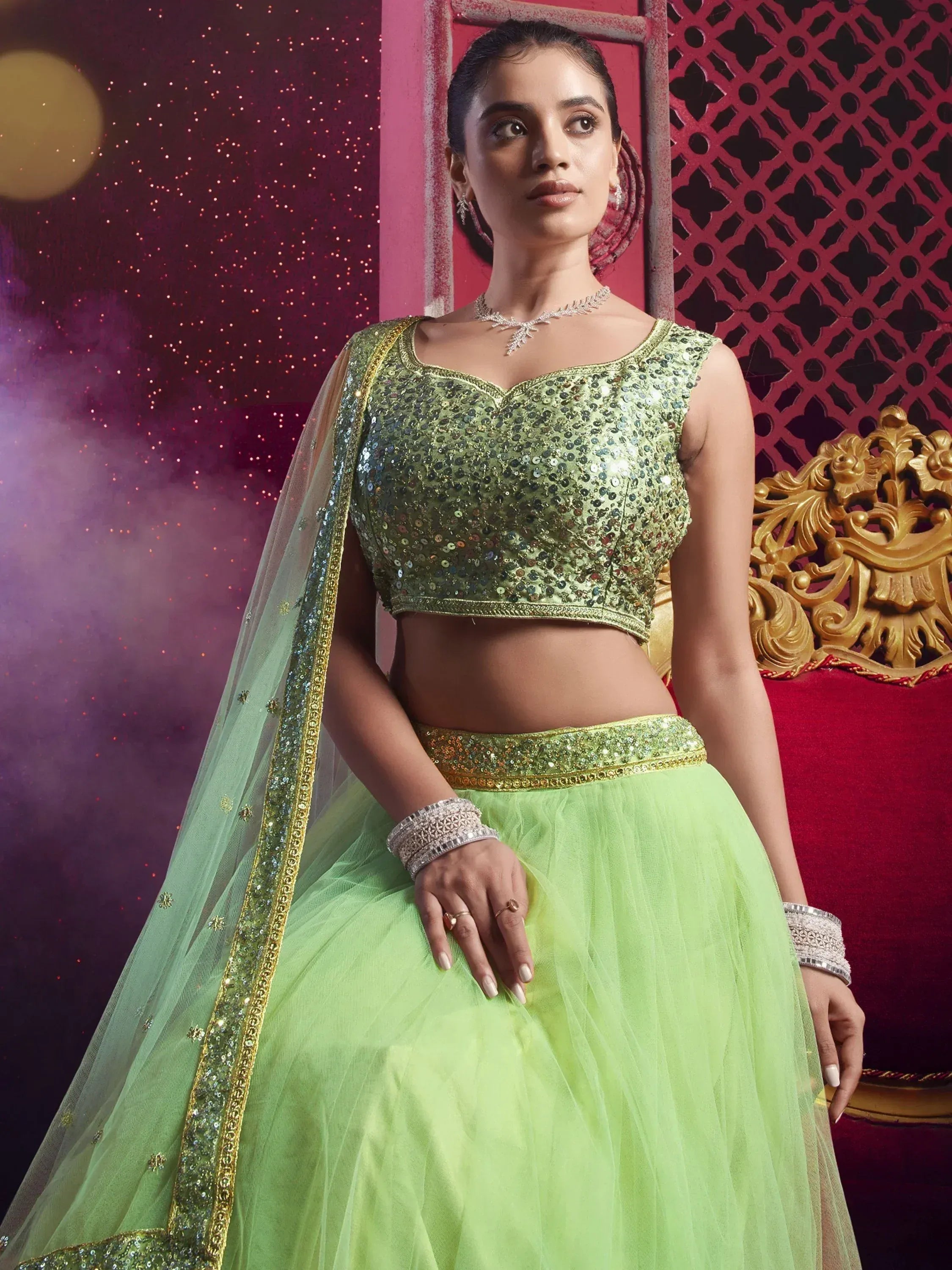 Green sequin lehenga choli with tulle skirt and dupatta, Indian ethnic wear for weddings and parties