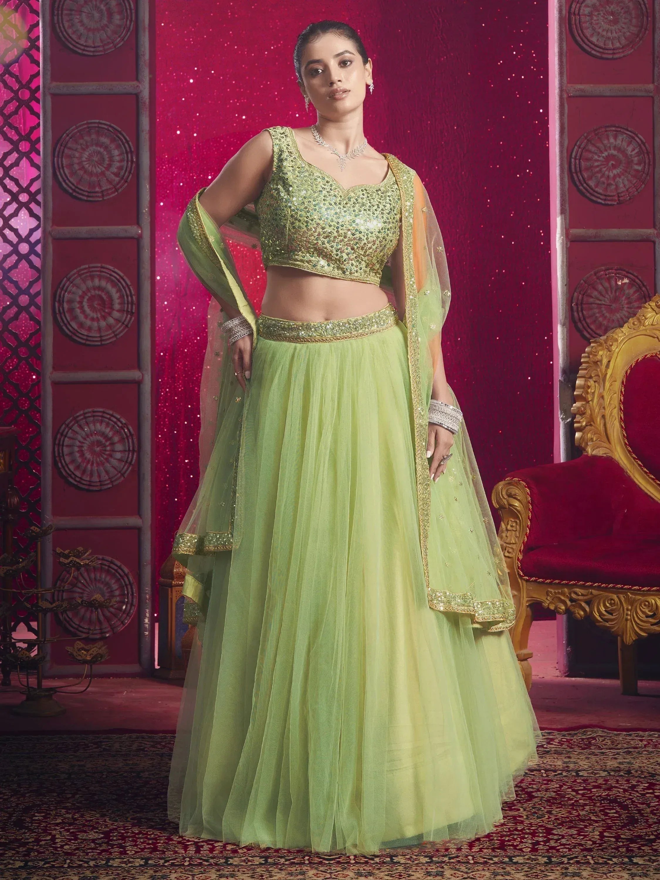 Lime green designer lehenga choli with sequin blouse and sheer dupatta, perfect for Indian ethnic occasions