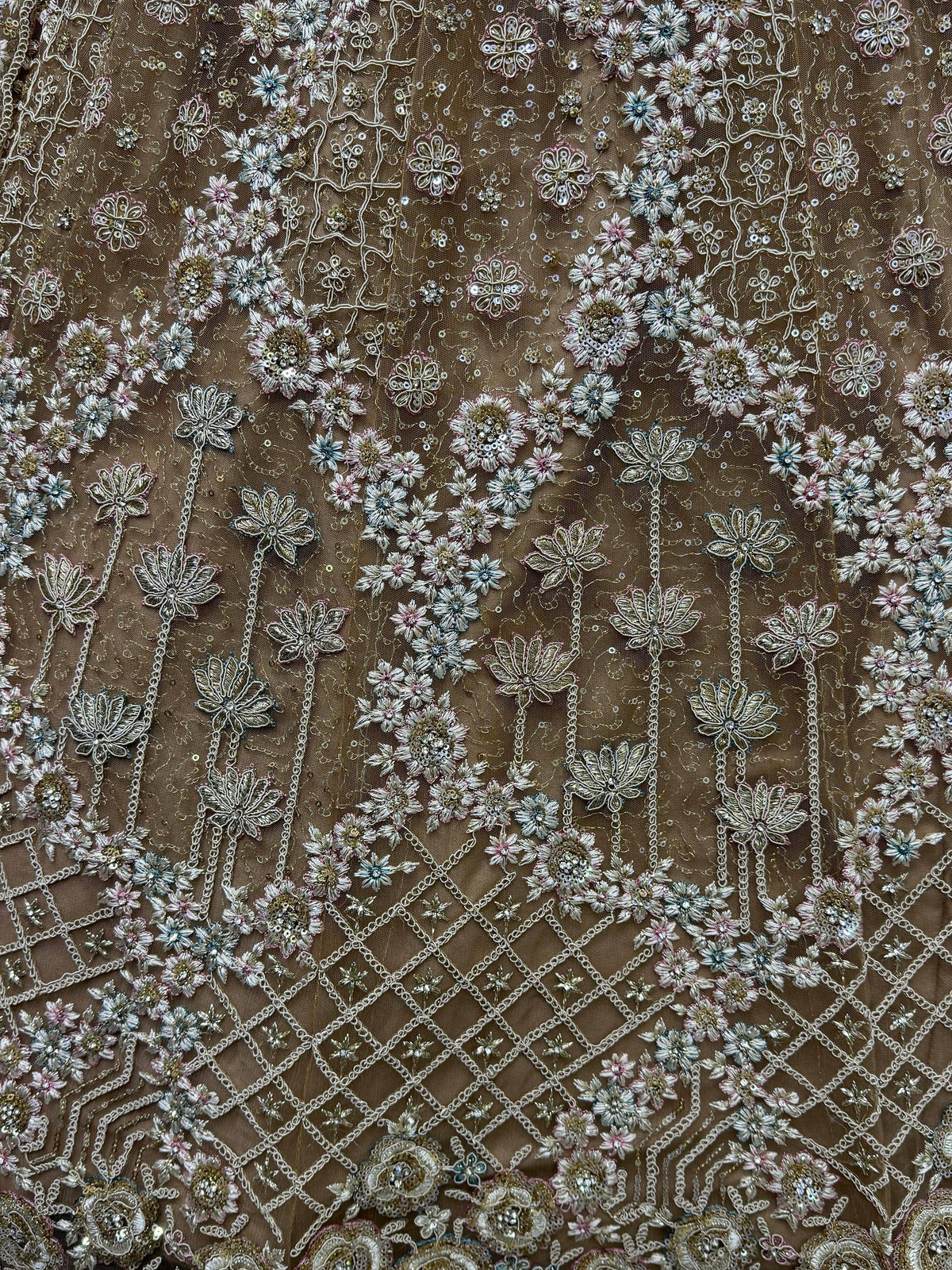 Brown net fabric with intricate floral embroidery and sequins for designer lehenga or saree