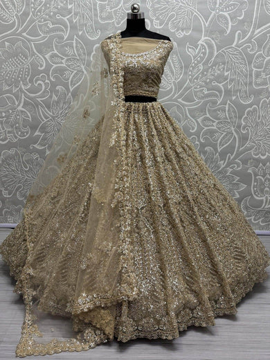 Attractive Golden Zircon Work Net Wedding Lehenga Choli With Dupatta - Ethnic Plus In