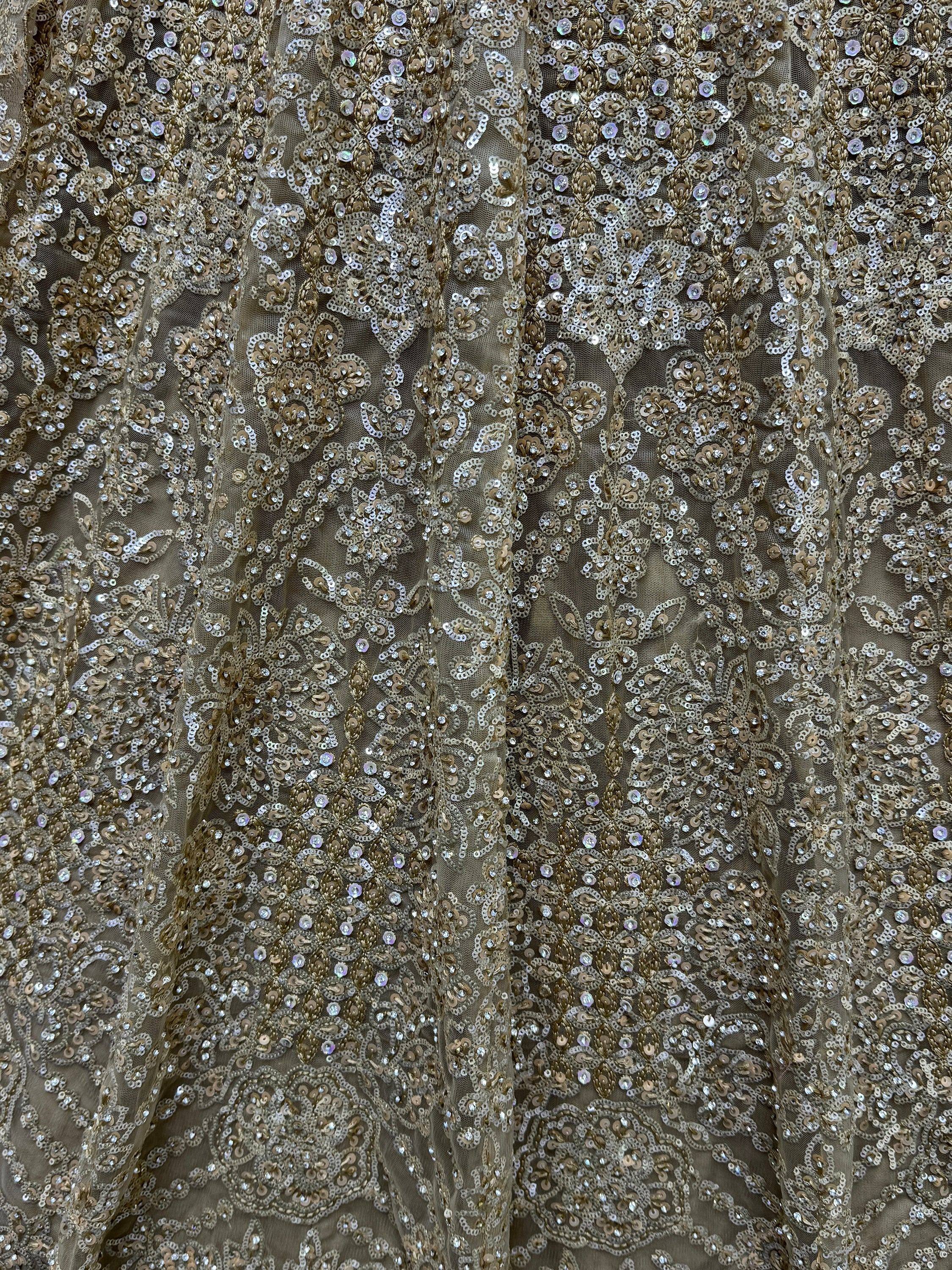 Gold sequin embroidered ethnic gown fabric with intricate floral patterns