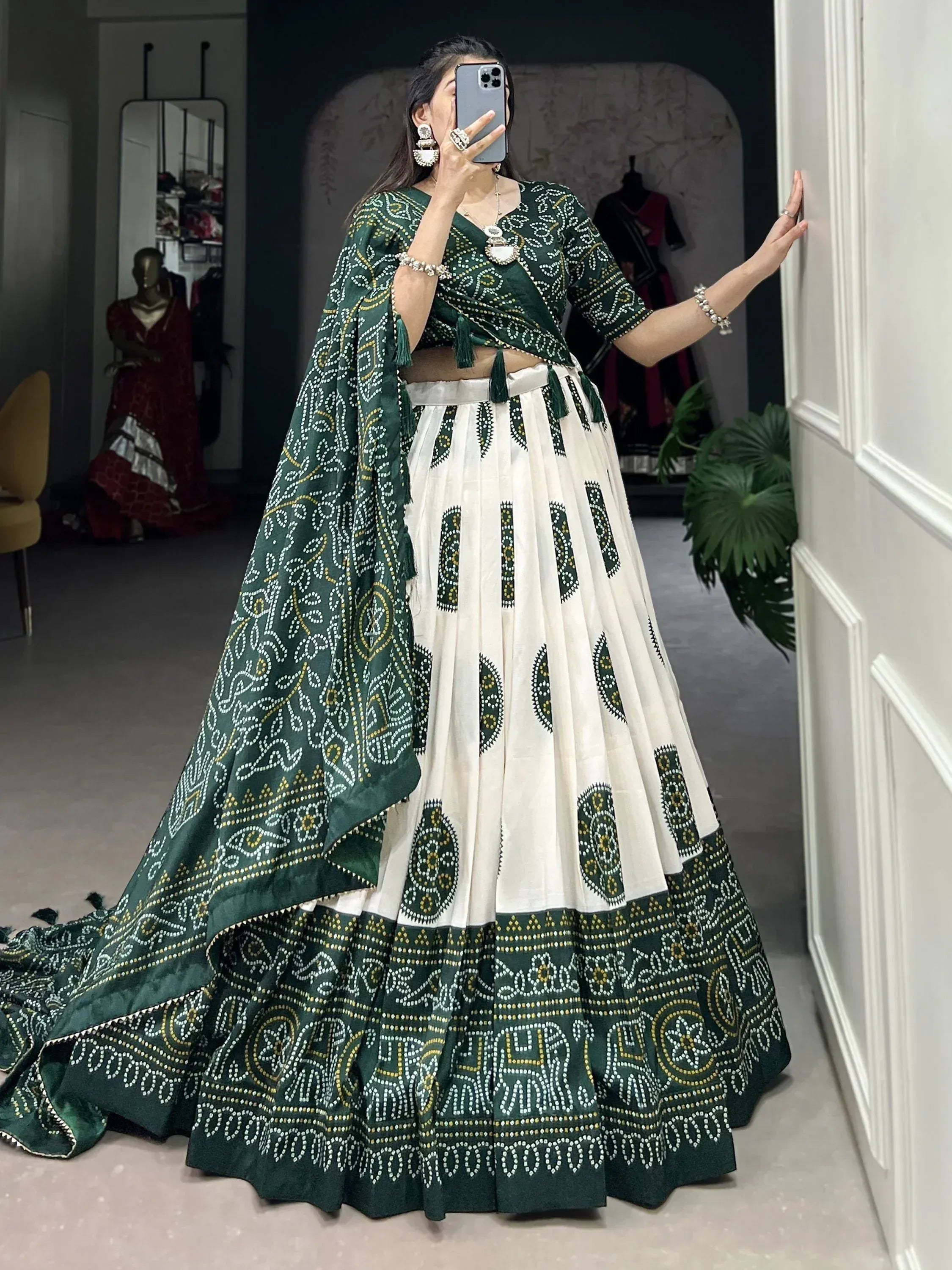 Green and white embroidered lehenga choli with matching dupatta, Indian ethnic wear