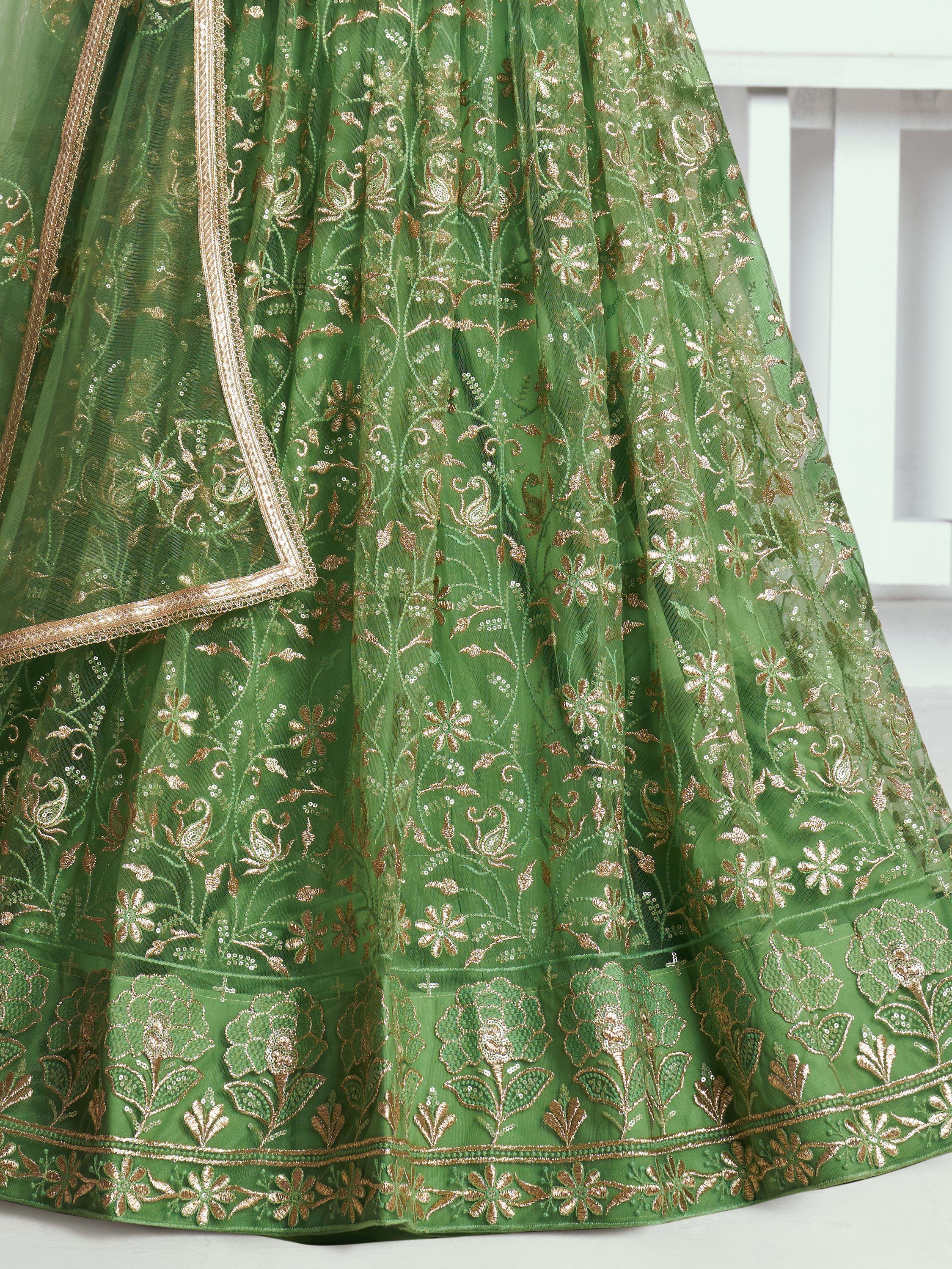 Green lehenga with gold floral embroidery and sequins, Indian ethnic wear